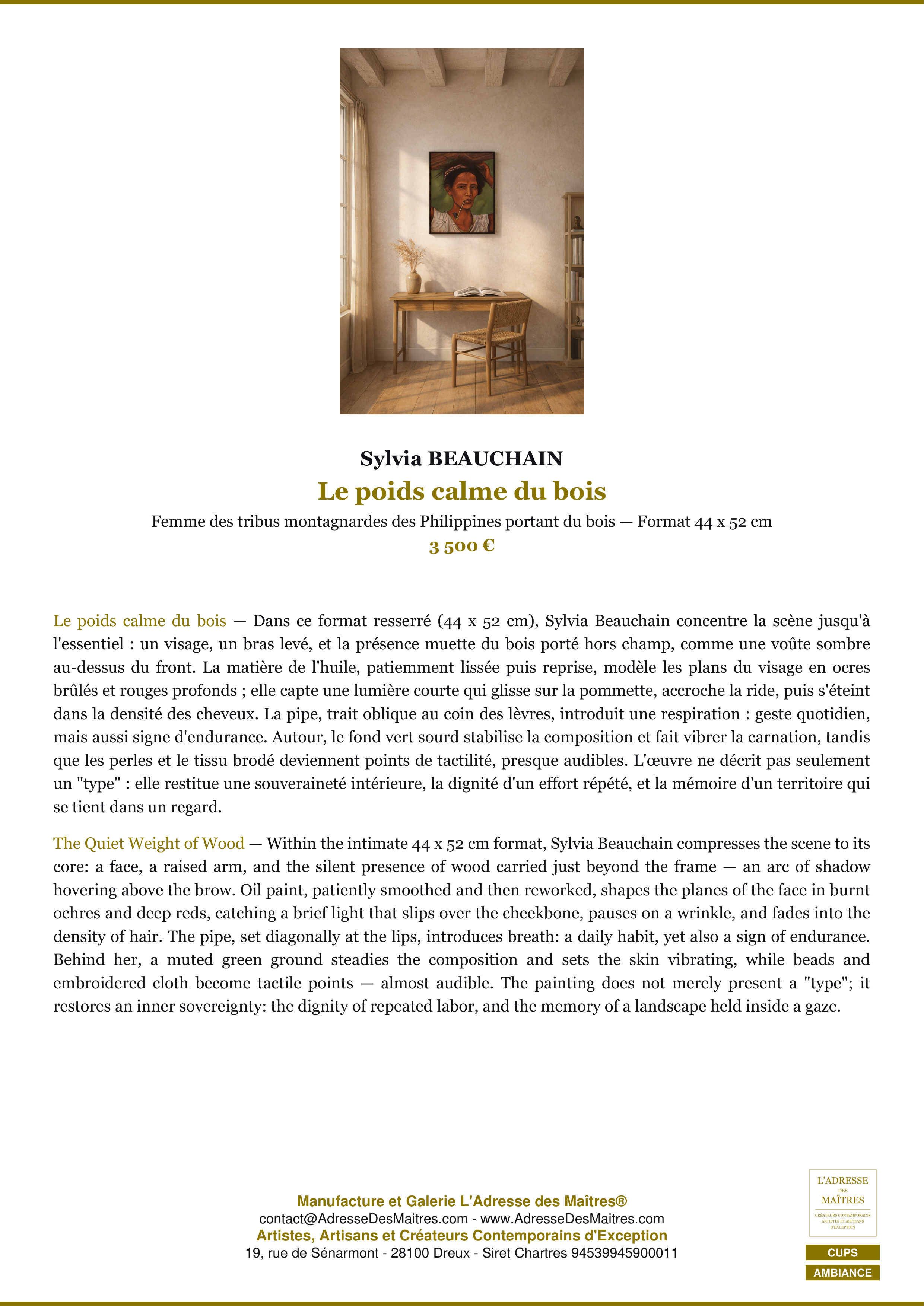 Fiche Premium Ambiance — Le poids calme du bois — Sylvia BEAUCHAIN — L'Adresse des Maîtres®