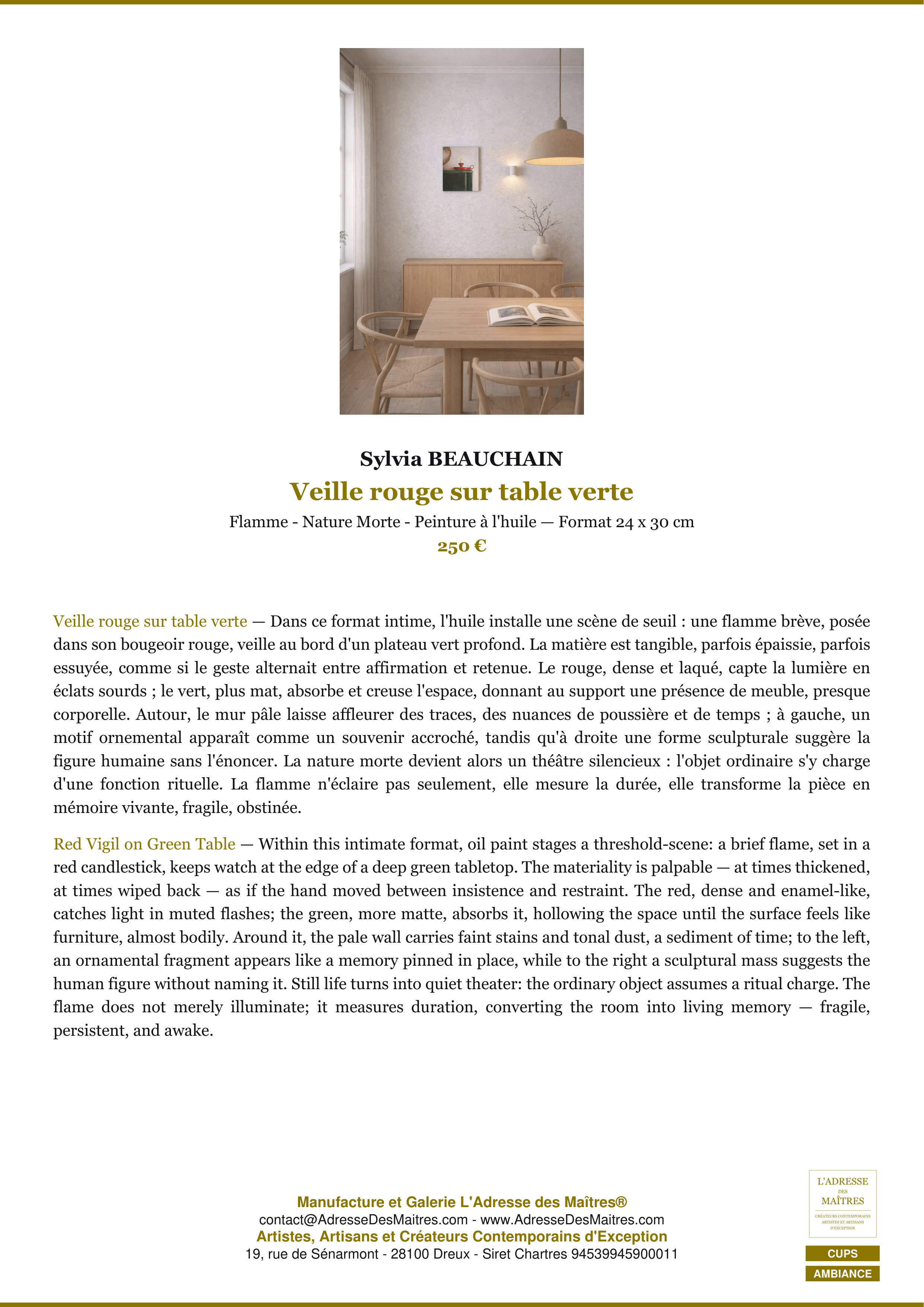 Fiche Premium Ambiance — Veille rouge sur table verte — Sylvia BEAUCHAIN — L'Adresse des Maîtres®