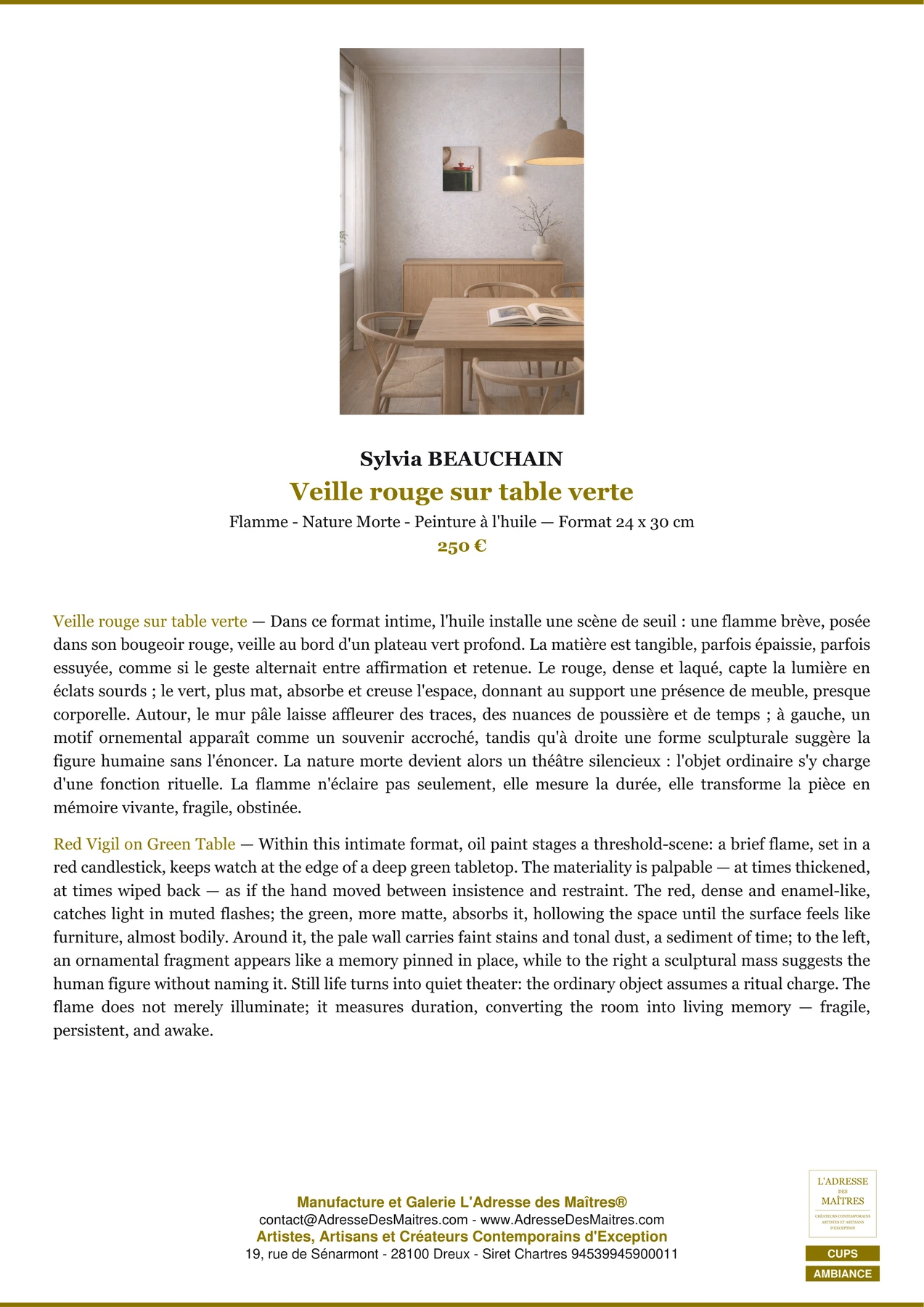 Fiche Premium Ambiance - Veille rouge sur table verte - Sylvia BEAUCHAIN - L'Adresse des Maîtres®