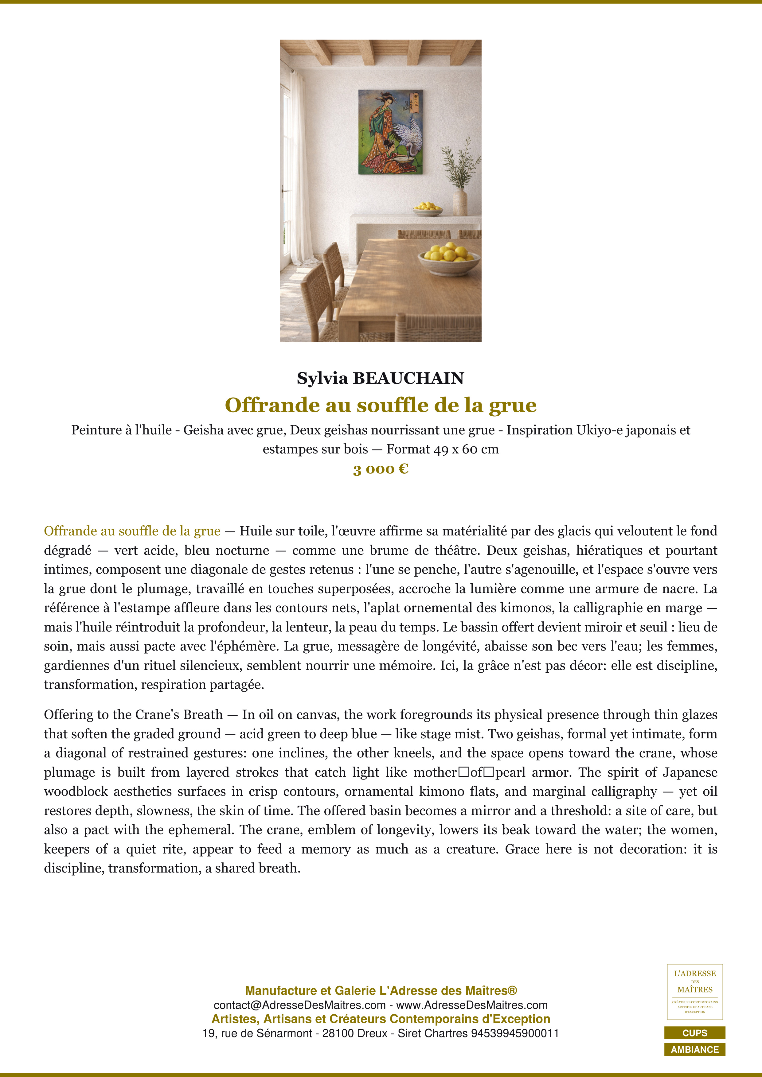 Fiche Premium Ambiance — Offrande au souffle de la grue — Sylvia BEAUCHAIN — L'Adresse des Maîtres®