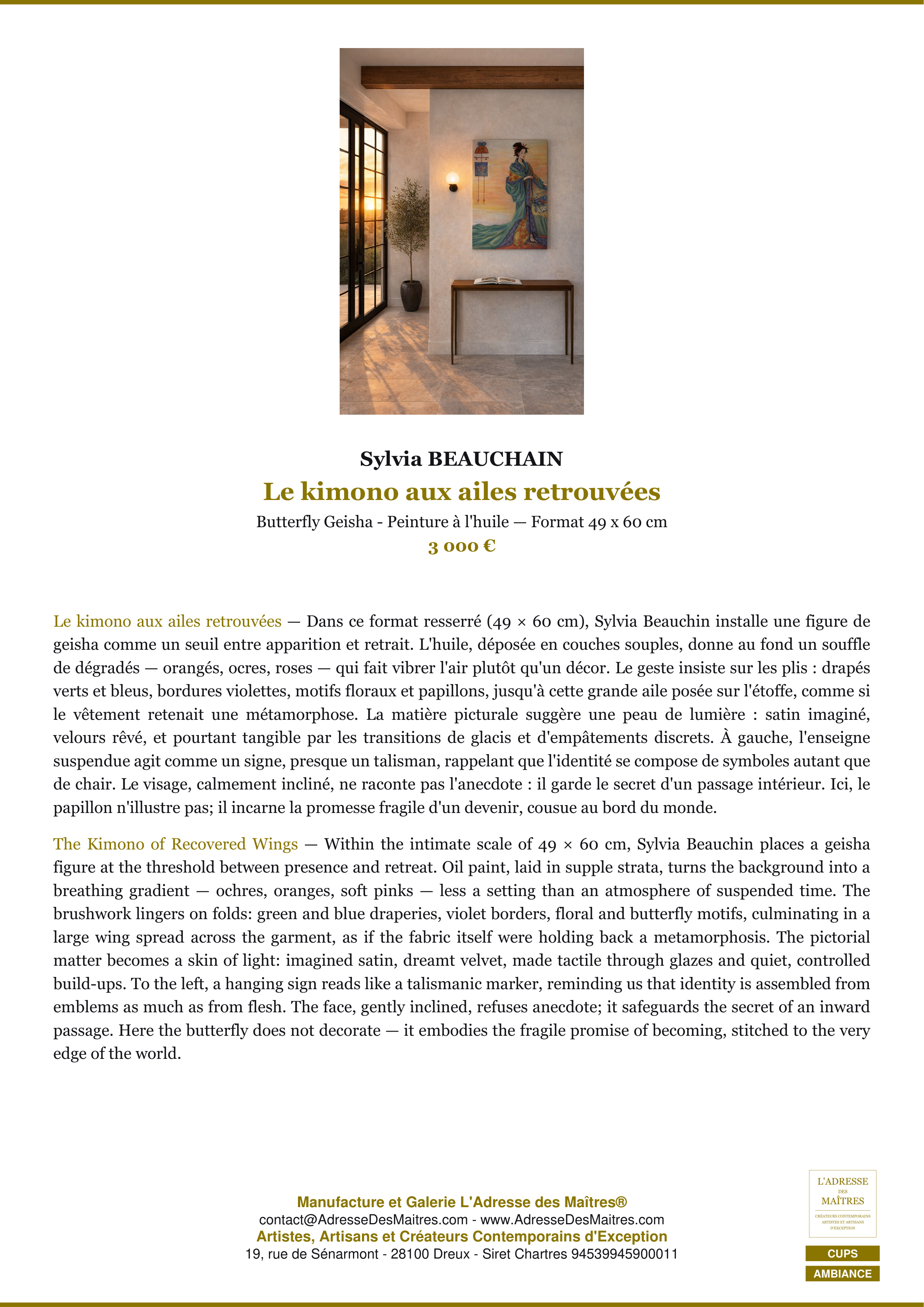 Fiche Premium Ambiance — Le kimono aux ailes retrouvées — Sylvia BEAUCHAIN — L'Adresse des Maîtres®