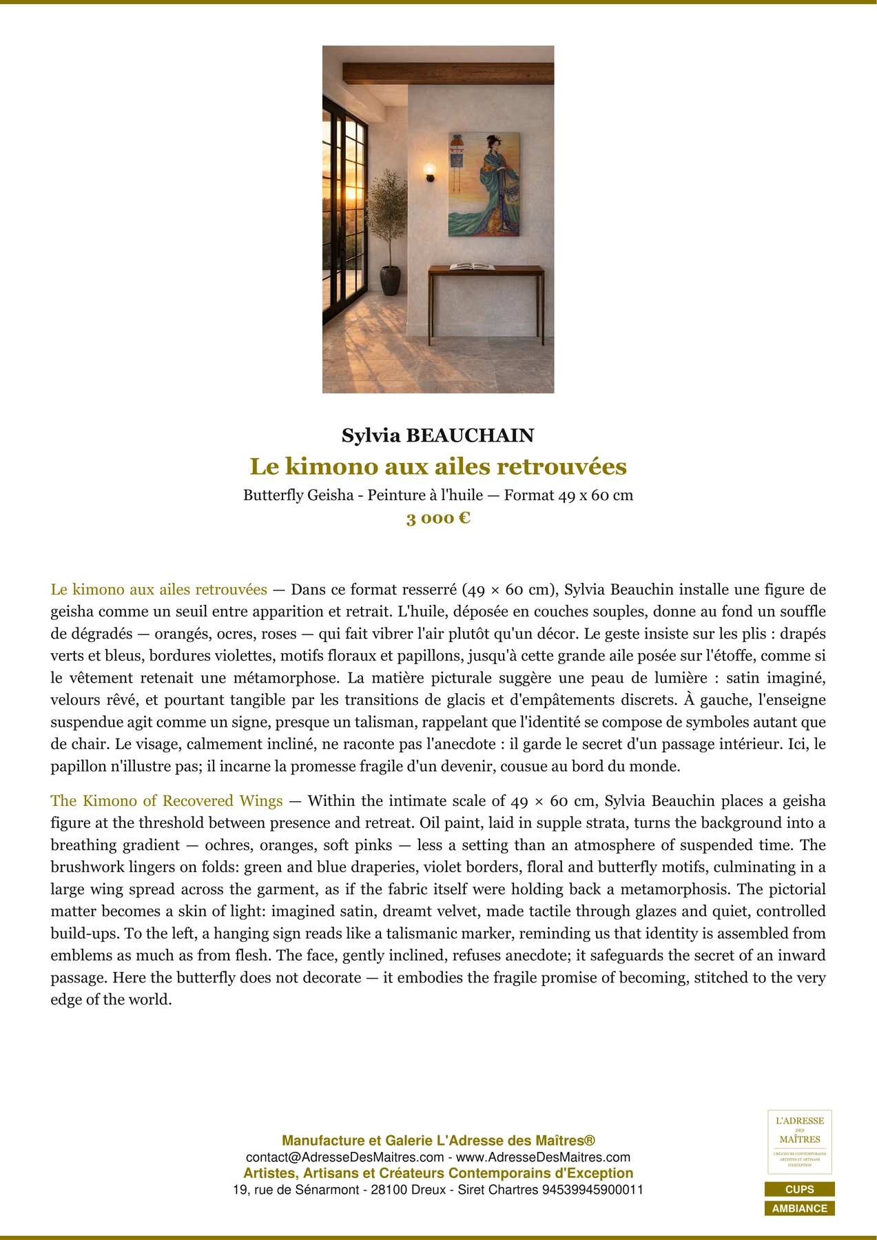 Fiche Premium Ambiance - Le kimono aux ailes retrouvées - Sylvia BEAUCHAIN - L'Adresse des Maîtres®
