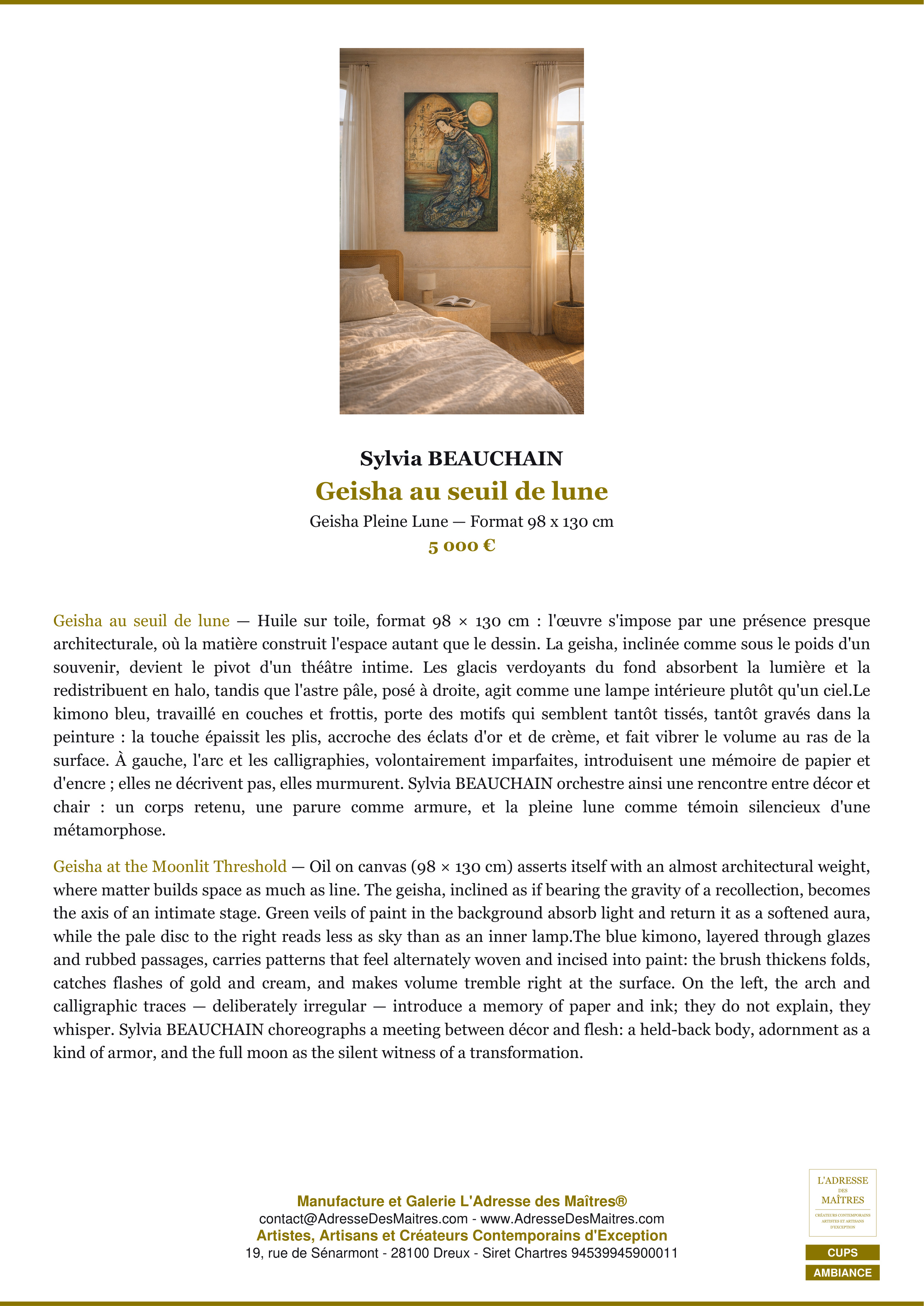 Fiche Premium Ambiance — Geisha au seuil de lune — Sylvia BEAUCHAIN — L'Adresse des Maîtres®