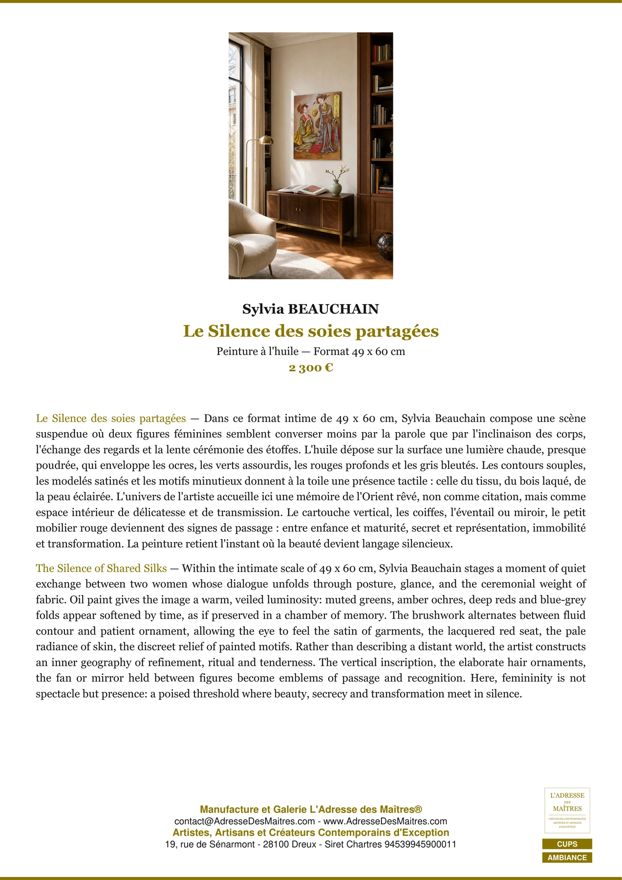 Fiche Premium Ambiance - Le Silence des soies partagées - Sylvia BEAUCHAIN - L'Adresse des Maîtres®
