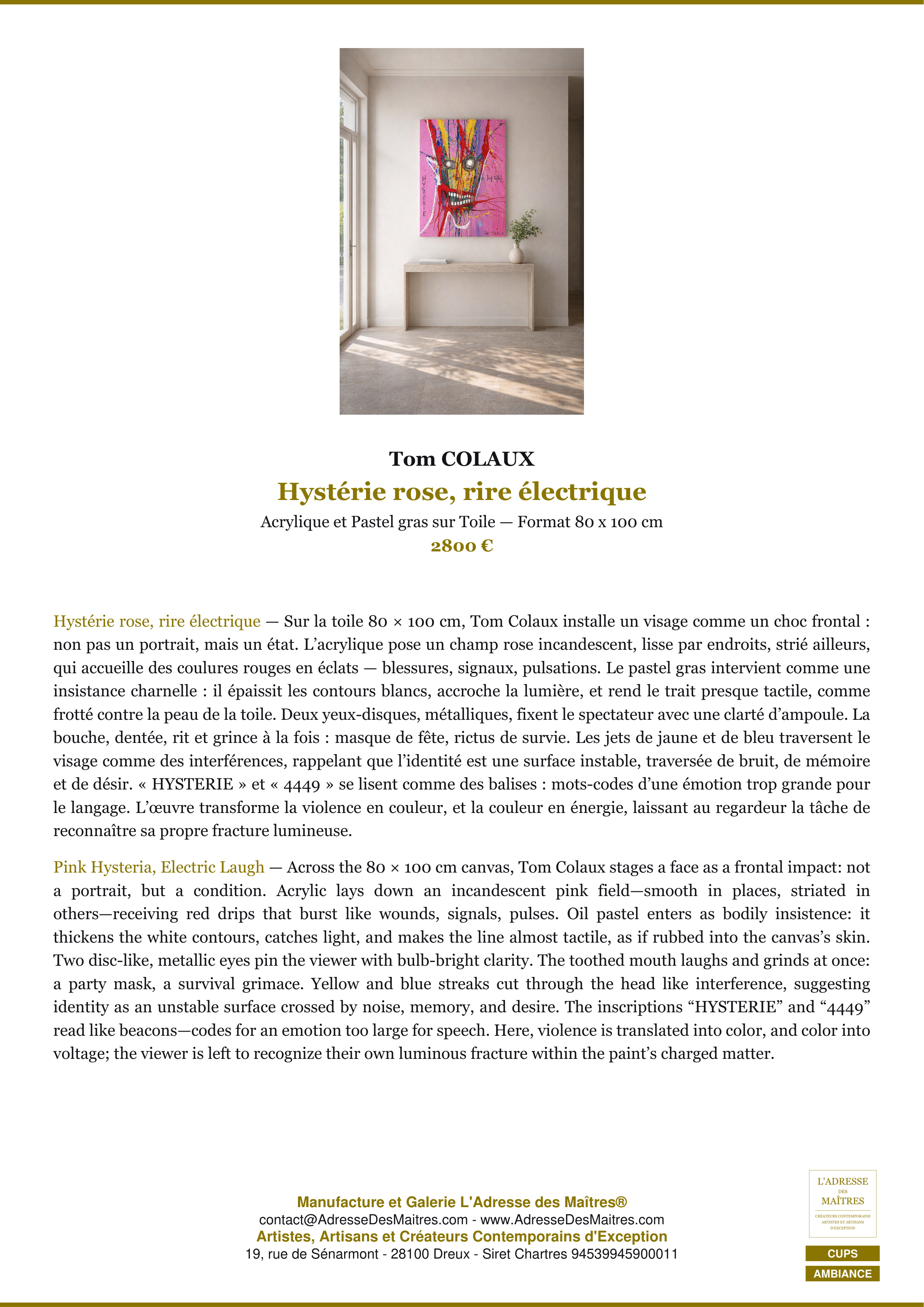 Fiche Premium Ambiance — Hystérie rose, rire électrique — Tom COLAUX — L'Adresse des Maîtres®