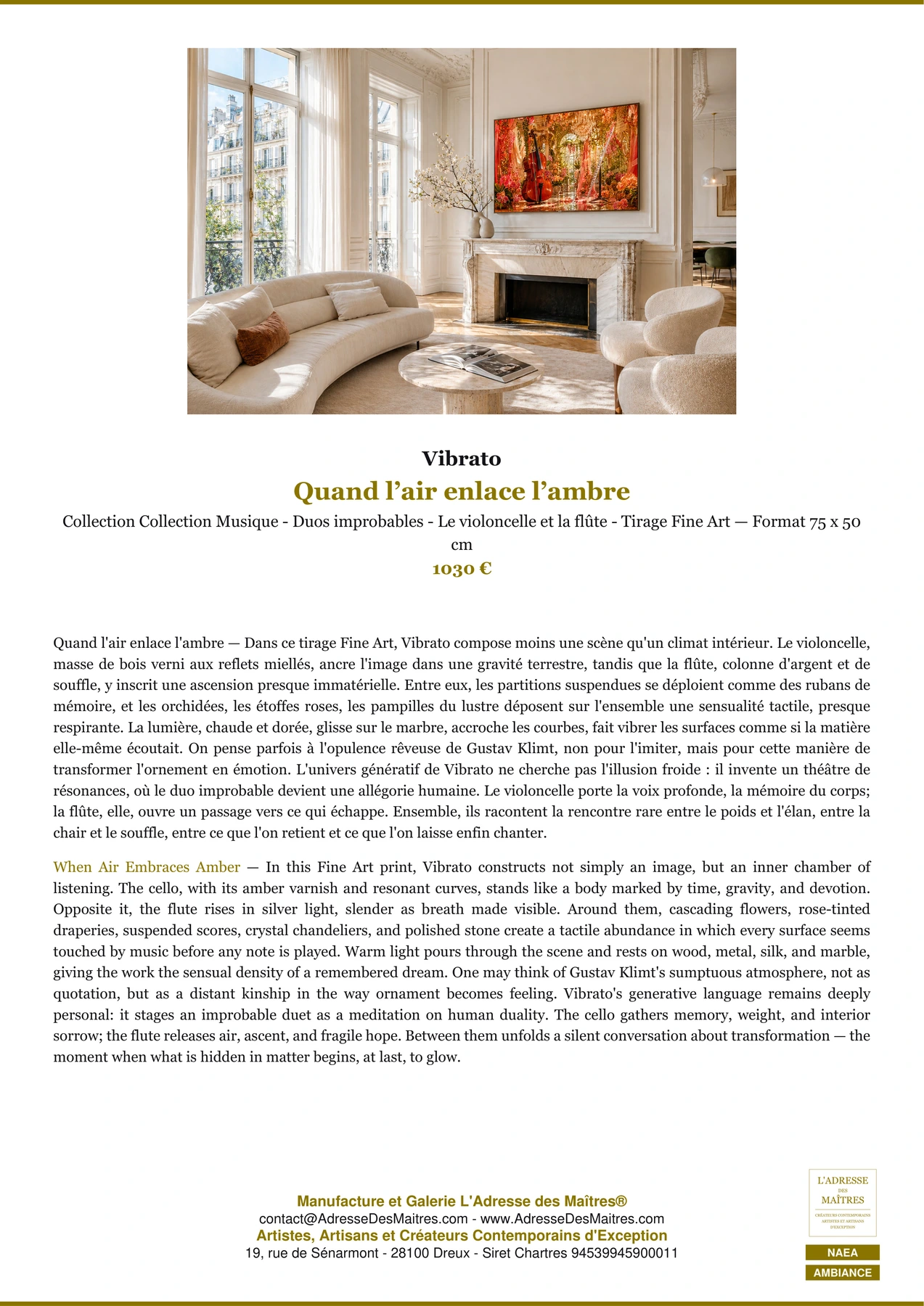 Fiche Premium Ambiance - Quand l’air enlace l’ambre - Vibrato - L'Adresse des Maîtres®
