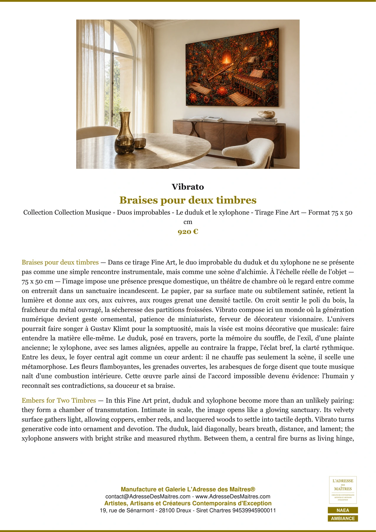 Fiche Premium Ambiance - Braises pour deux timbres - Vibrato - L'Adresse des Maîtres®