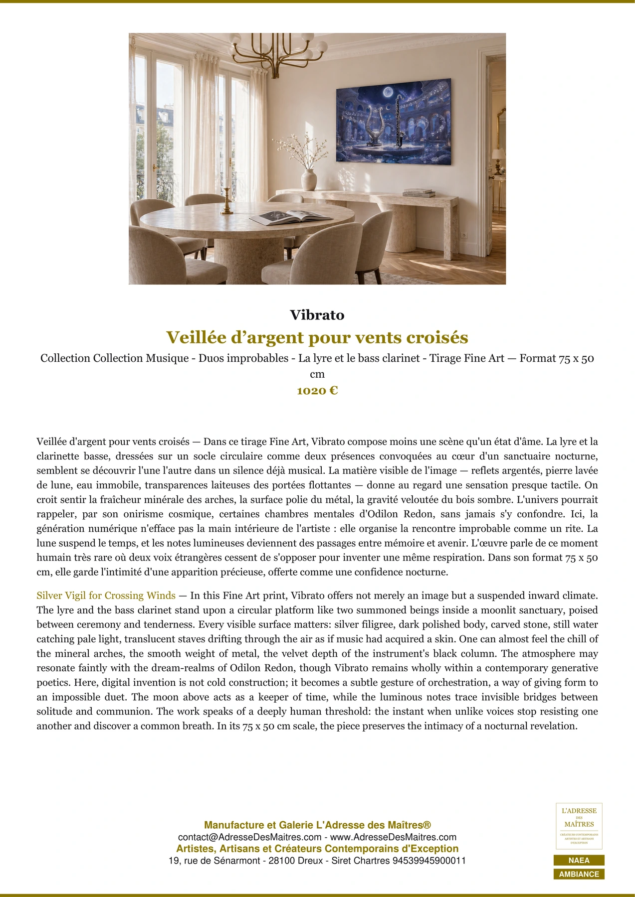 Fiche Premium Ambiance - Veillée d’argent pour vents croisés - Vibrato - L'Adresse des Maîtres®
