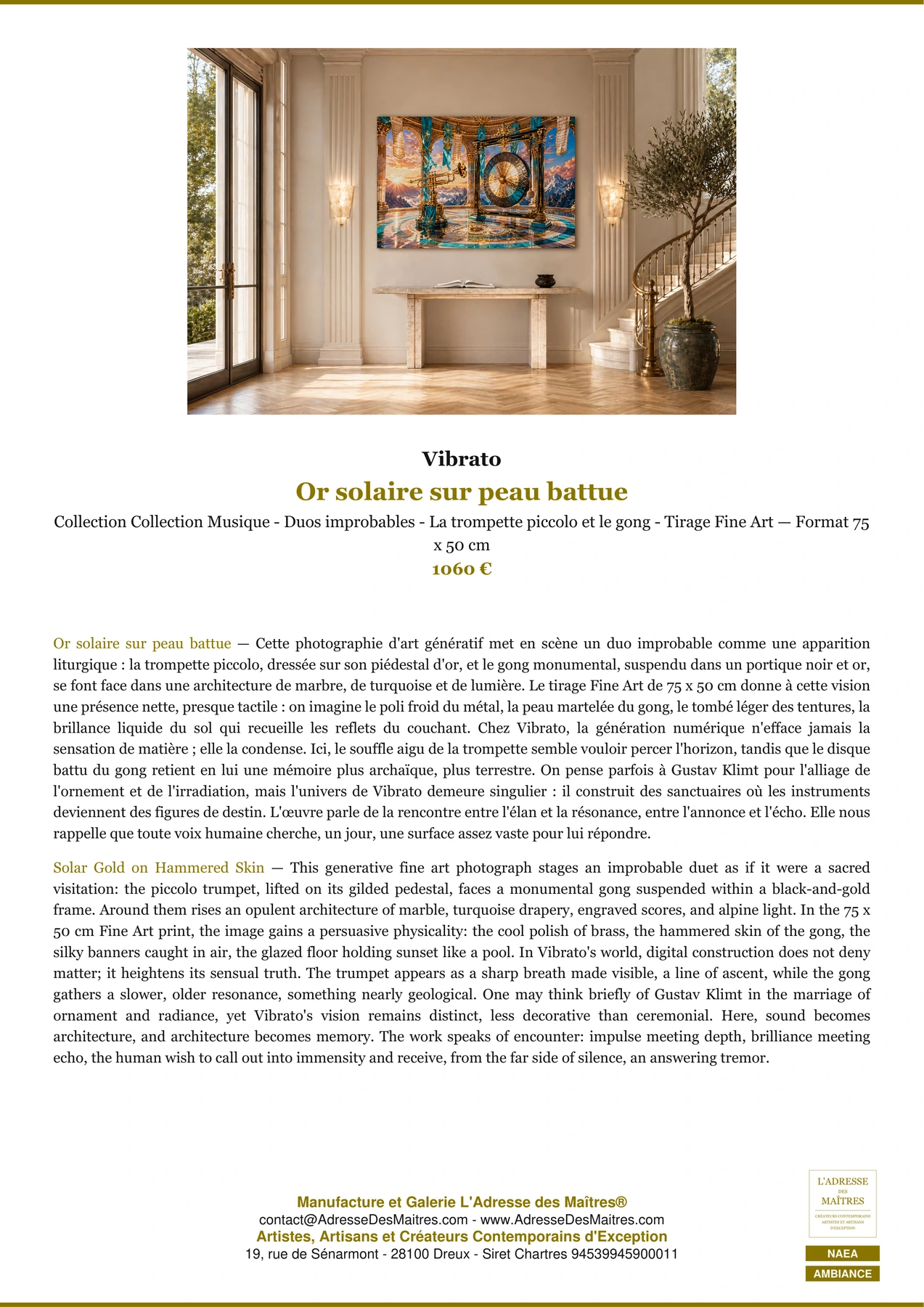 Fiche Premium Ambiance - Or solaire sur peau battue - Vibrato - L'Adresse des Maîtres®