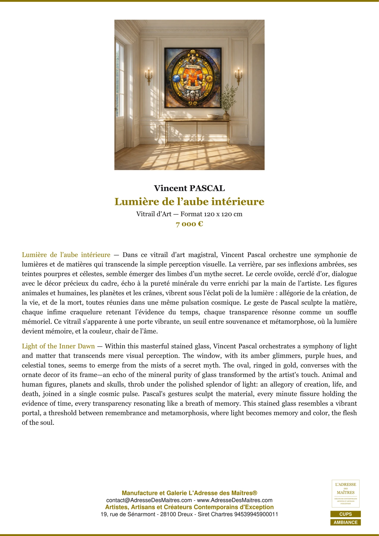 Fiche Premium Ambiance - Lumière de l’aube intérieure - Vincent PASCAL - L'Adresse des Maîtres®