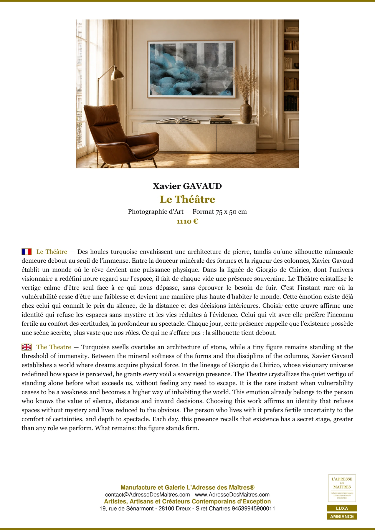 Fiche Premium Ambiance - Le Théâtre - Xavier GAVAUD - L'Adresse des Maîtres®