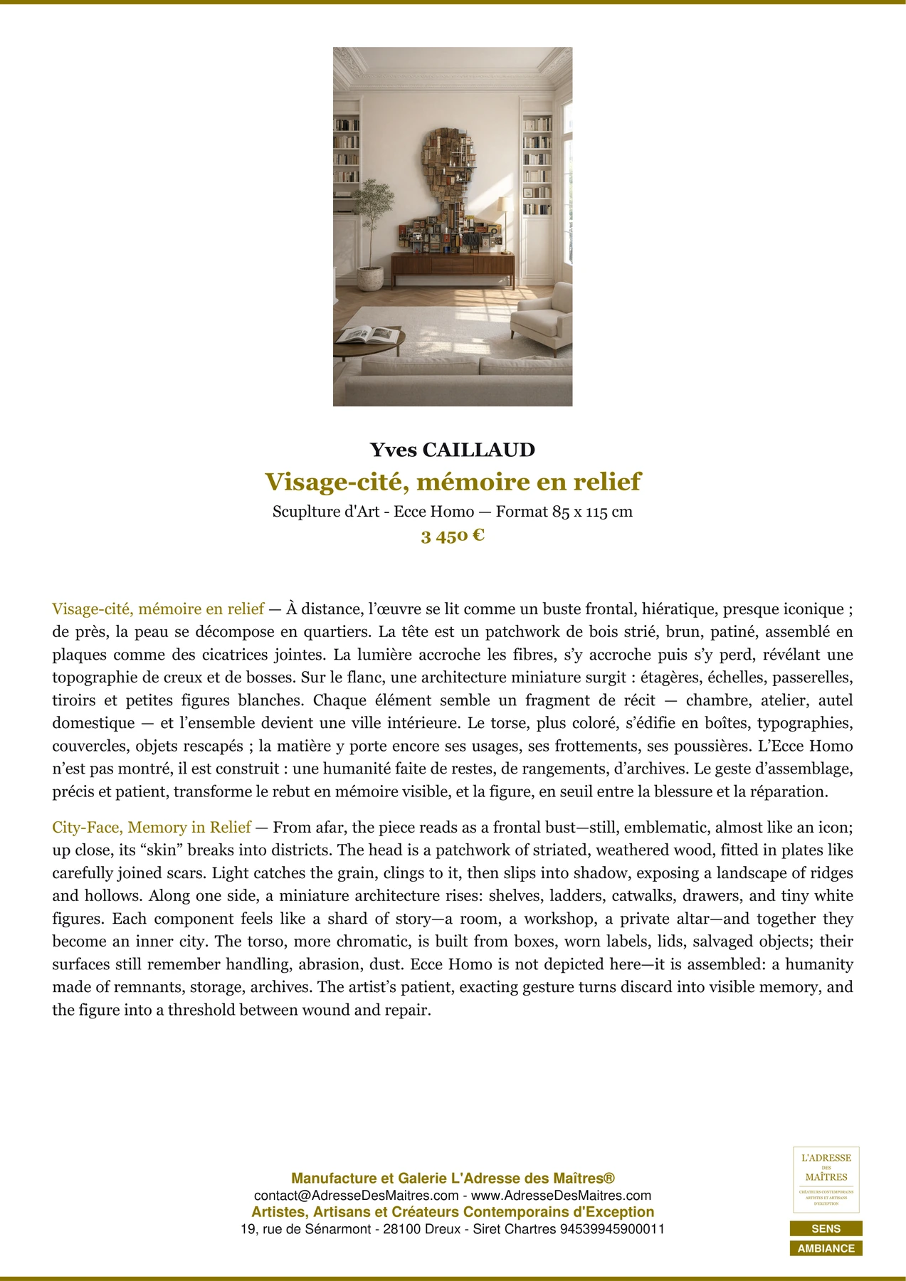 Fiche Premium Ambiance - Visage-cité, mémoire en relief - Yves CAILLAUD - L'Adresse des Maîtres®