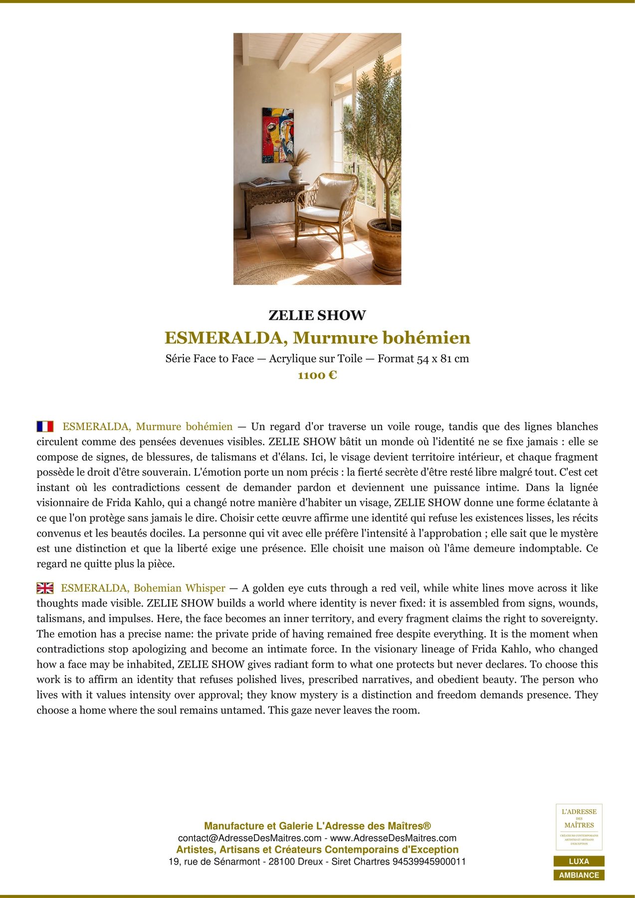 Fiche Premium Ambiance - ESMERALDA, Murmure bohémien - ZELIE SHOW - L'Adresse des Maîtres®