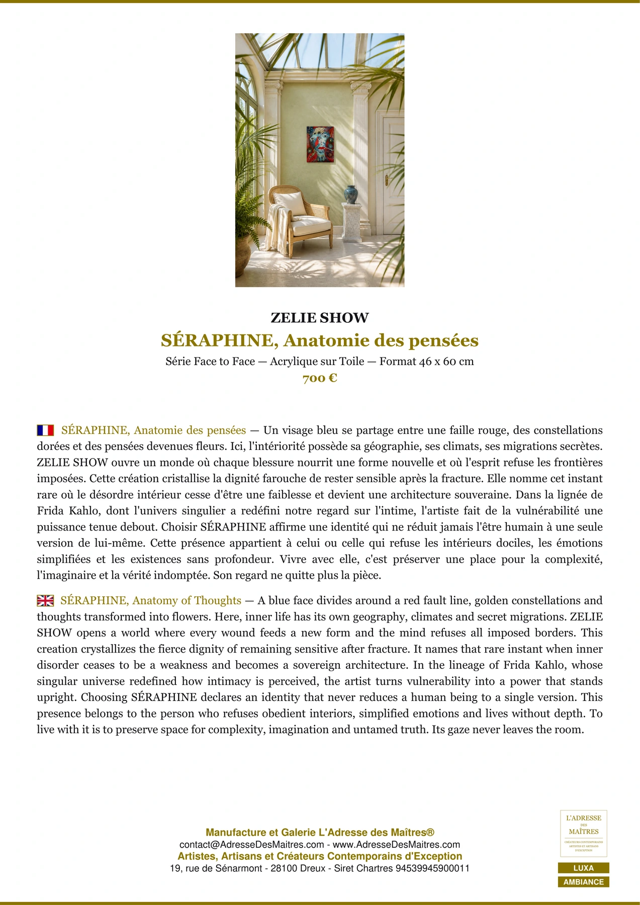 Fiche Premium Ambiance - SÉRAPHINE, Anatomie des pensées - ZELIE SHOW - L'Adresse des Maîtres®
