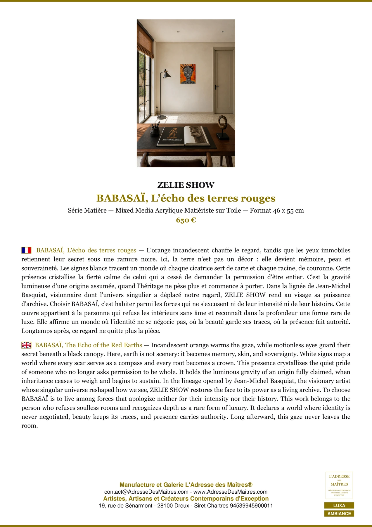 Fiche Premium Ambiance - BABASAÏ, L’écho des terres rouges - ZELIE SHOW - L'Adresse des Maîtres®
