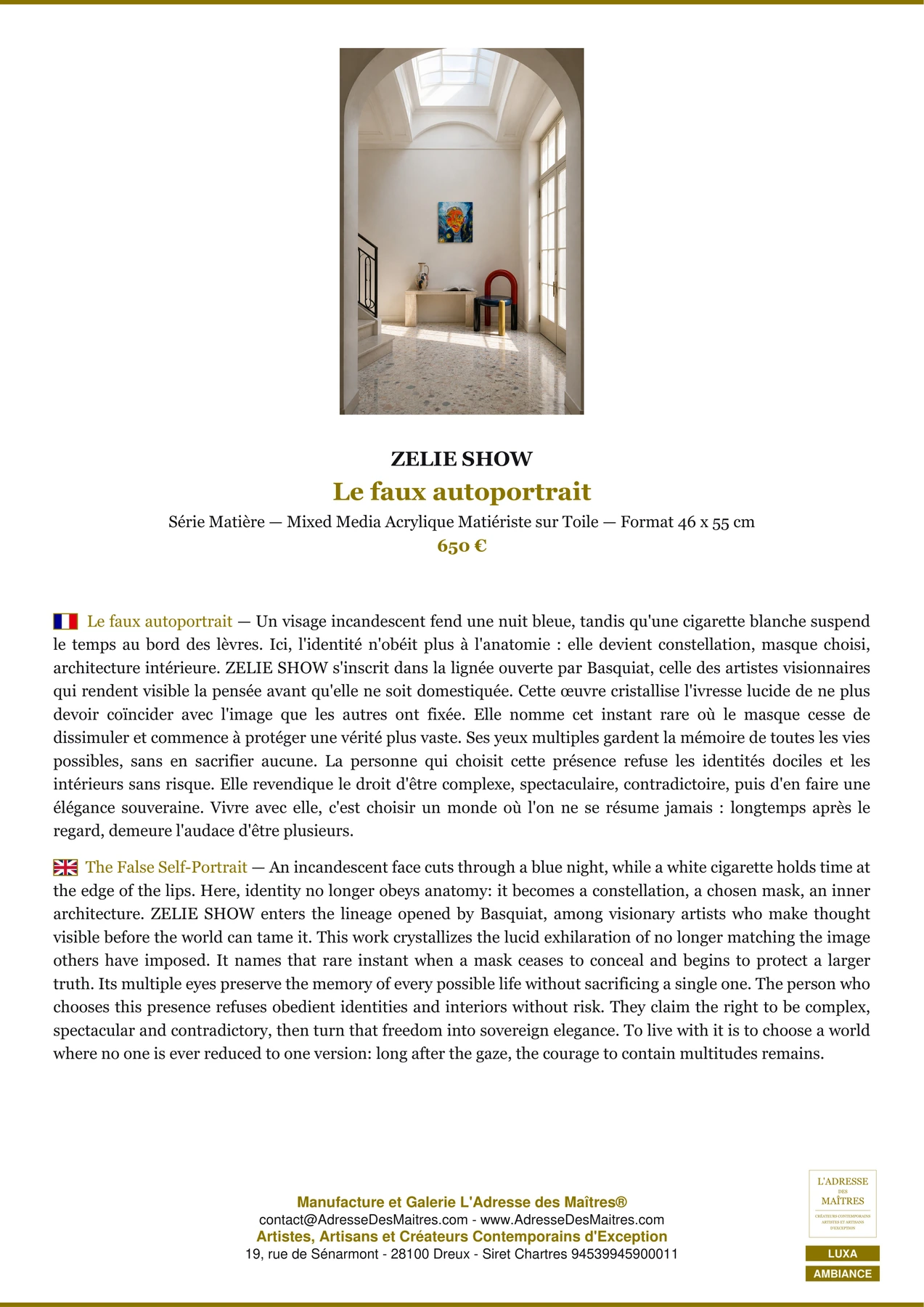 Fiche Premium Ambiance - Le faux autoportrait - ZELIE SHOW - L'Adresse des Maîtres®
