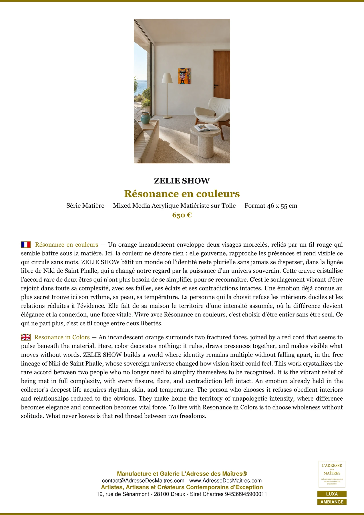Fiche Premium Ambiance - Résonance en couleurs - ZELIE SHOW - L'Adresse des Maîtres®