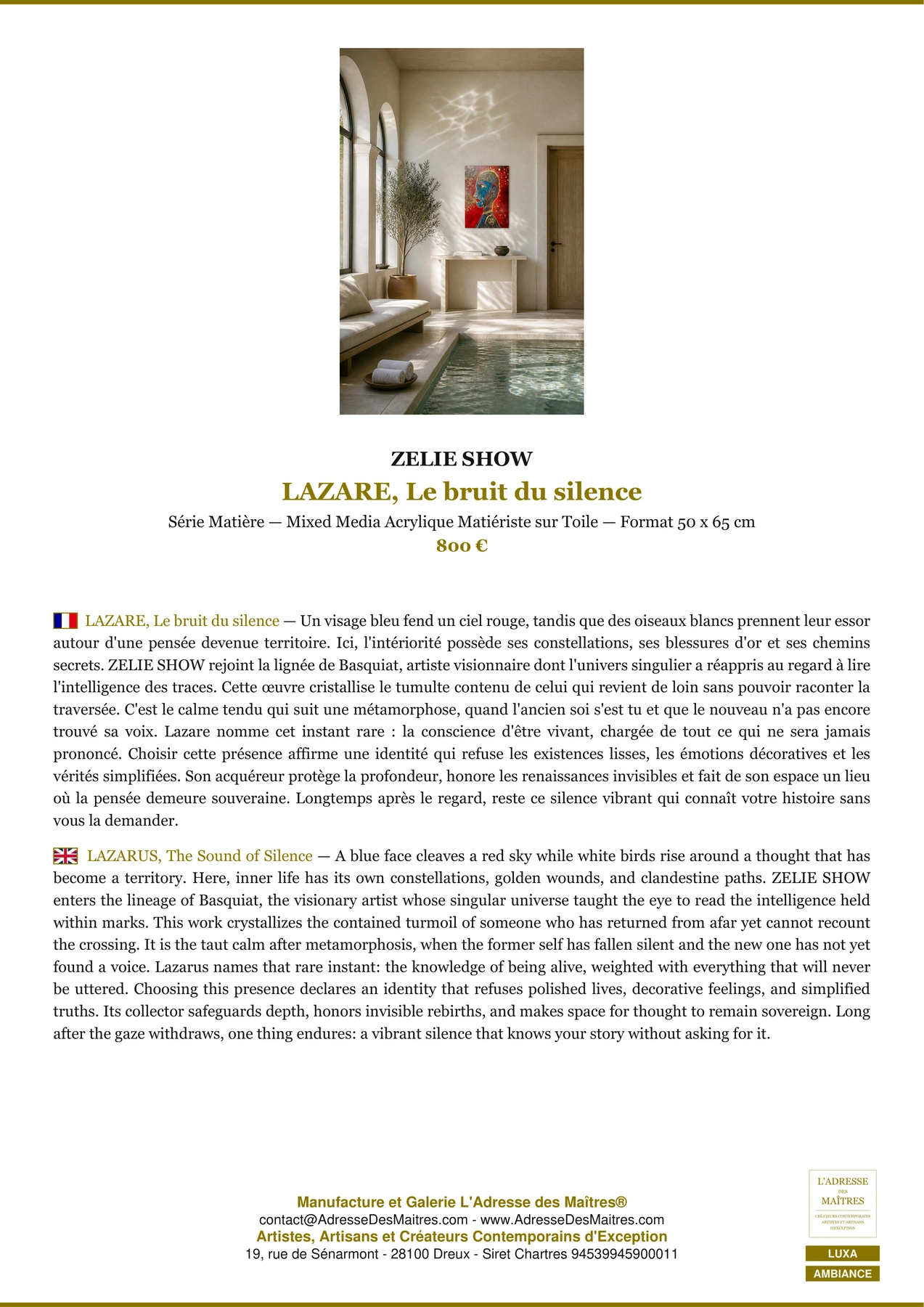 Fiche Premium Ambiance - LAZARE, Le bruit du silence - ZELIE SHOW - L'Adresse des Maîtres®