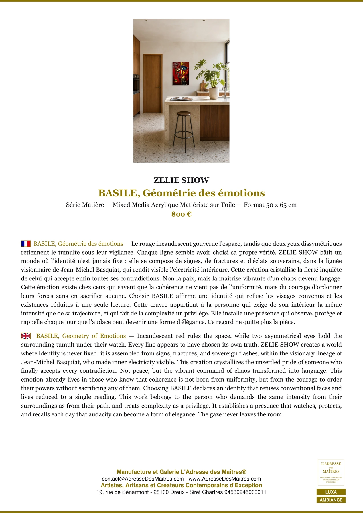 Fiche Premium Ambiance - BASILE, Géométrie des émotions - ZELIE SHOW - L'Adresse des Maîtres®
