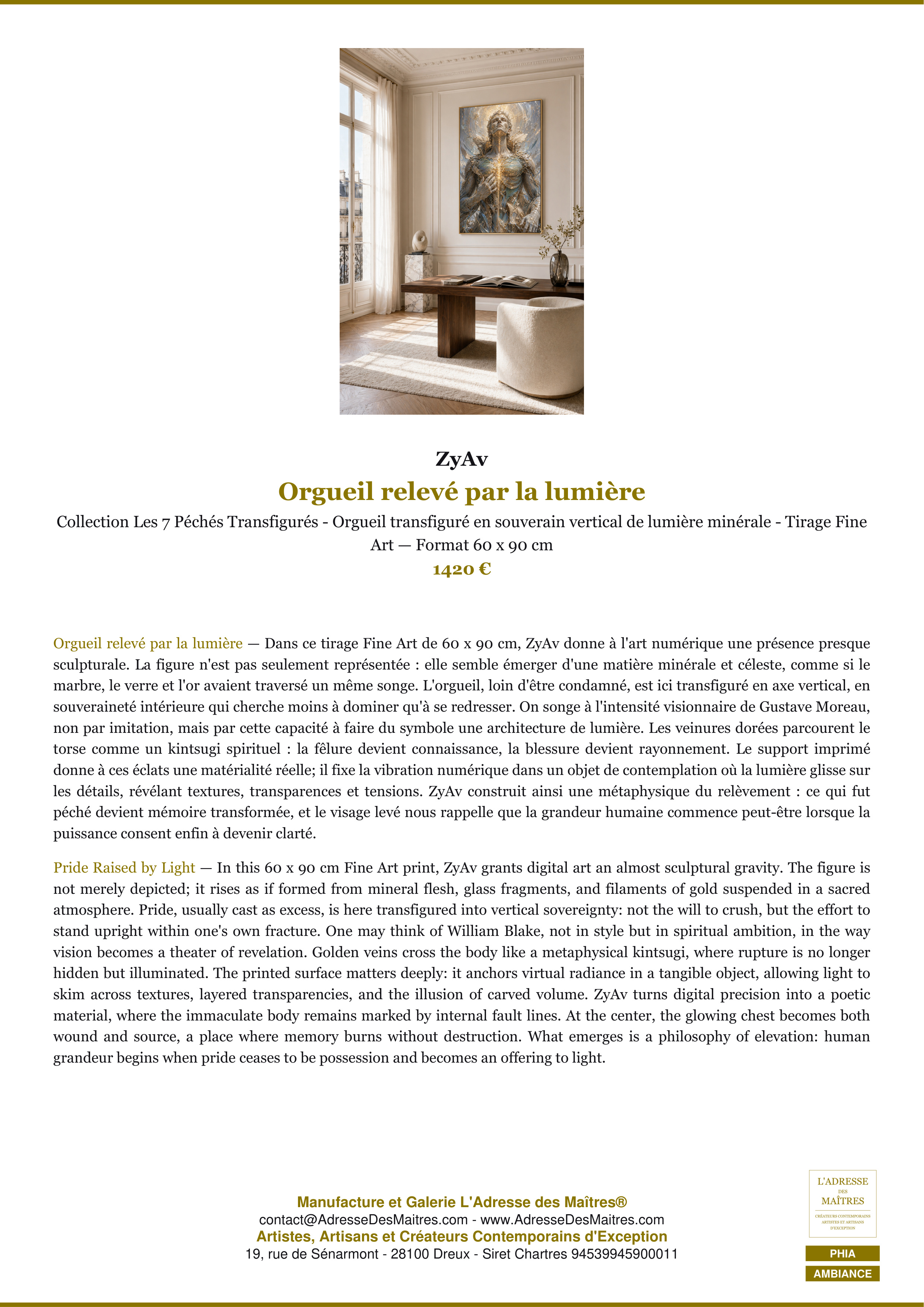 Fiche Premium Ambiance — Orgueil relevé par la lumière — ZyAv — L'Adresse des Maîtres®