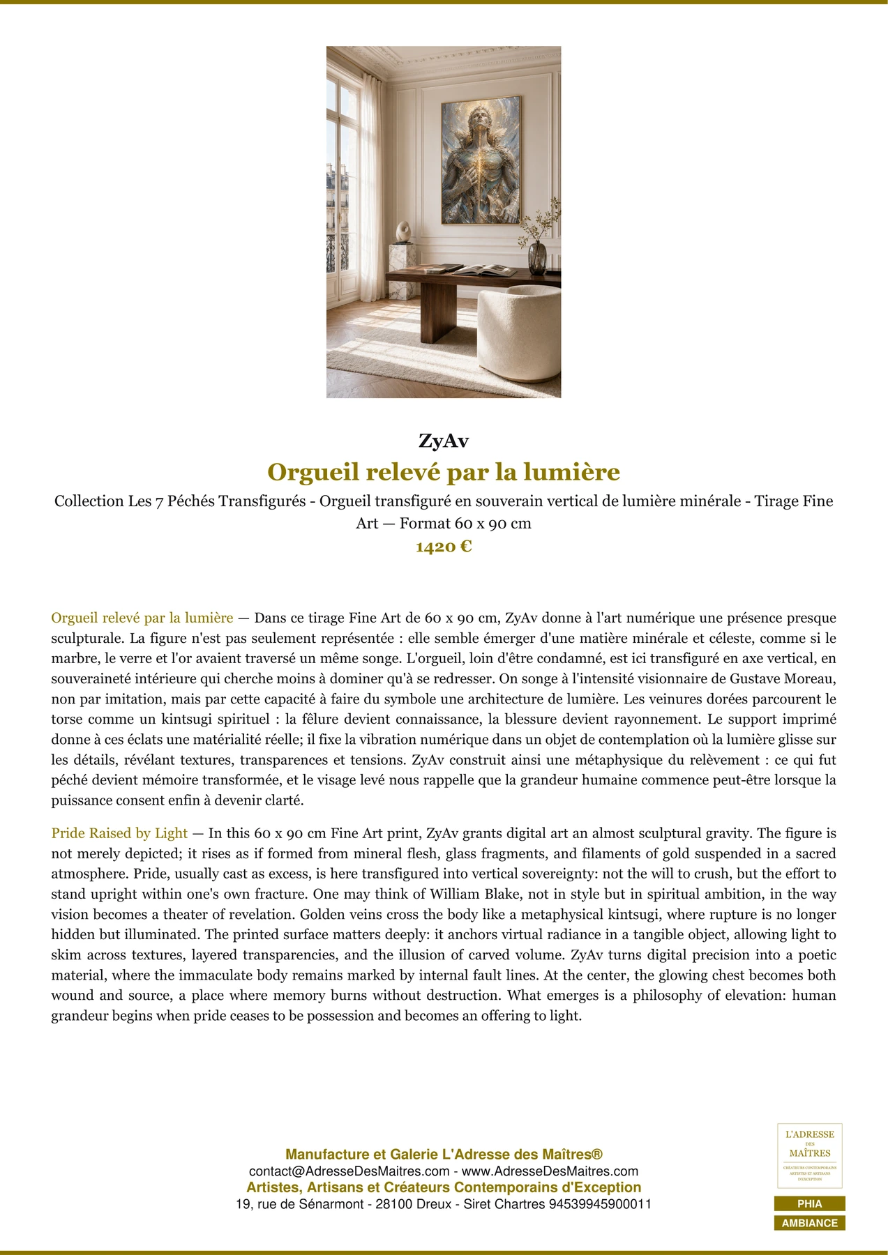 Fiche Premium Ambiance — Orgueil relevé par la lumière — ZyAv — L'Adresse des Maîtres®