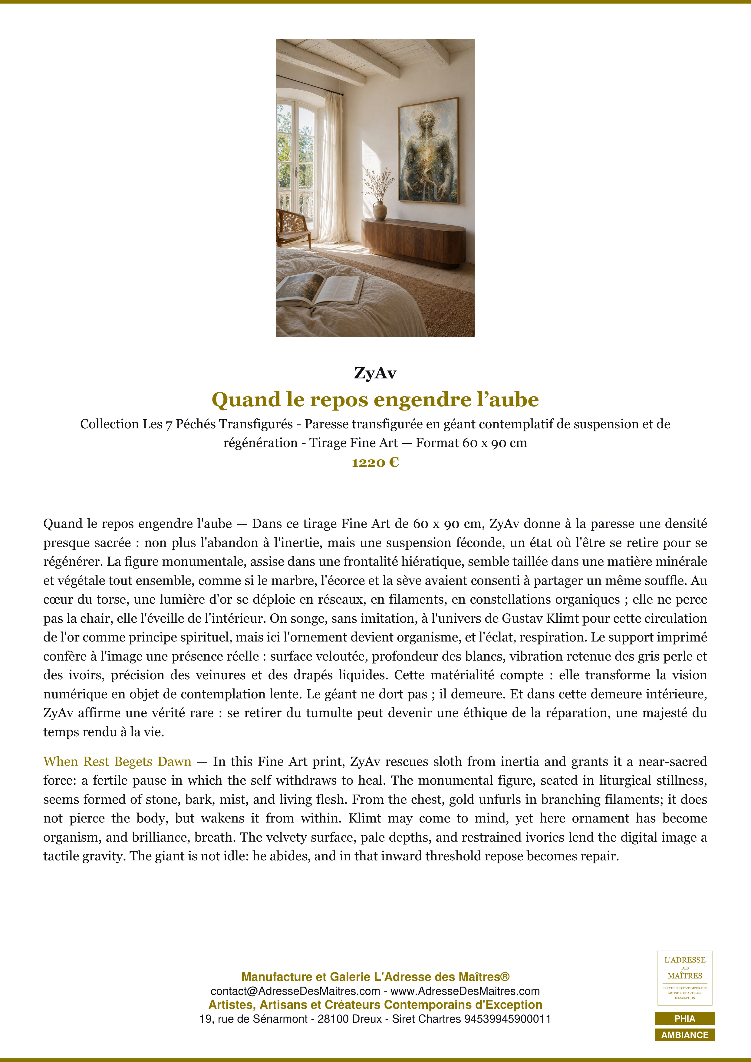 Fiche Premium Ambiance — Quand le repos engendre l’aube — ZyAv — L'Adresse des Maîtres®
