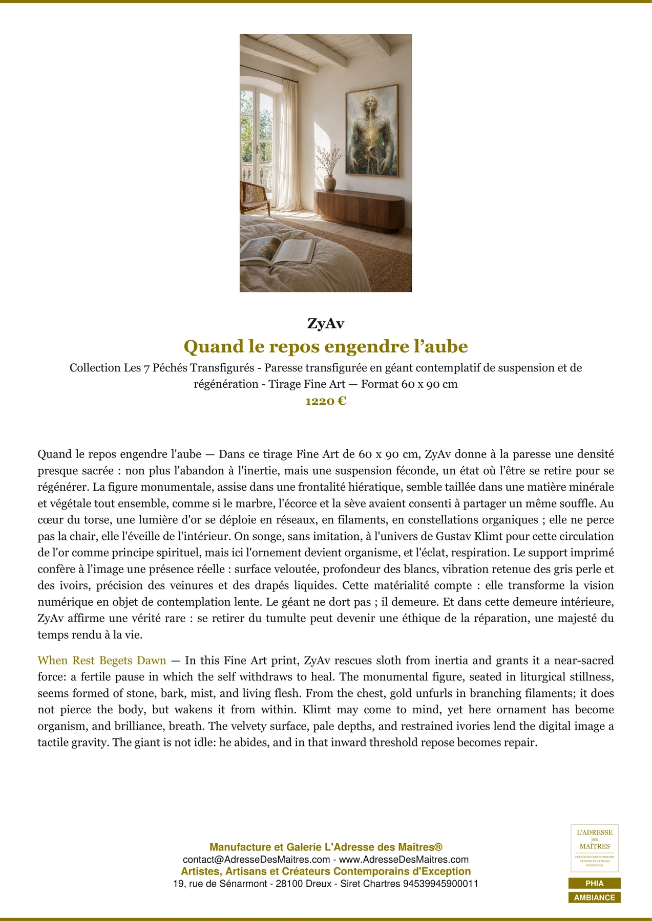 Fiche Premium Ambiance — Quand le repos engendre l’aube — ZyAv — L'Adresse des Maîtres®