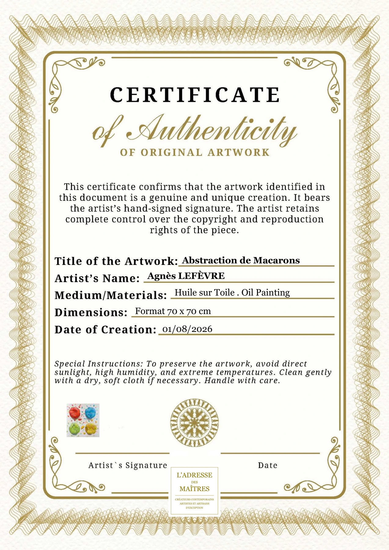 Certificat d'authenticité - Abstraction de Macarons - Agnès LEFÈVRE