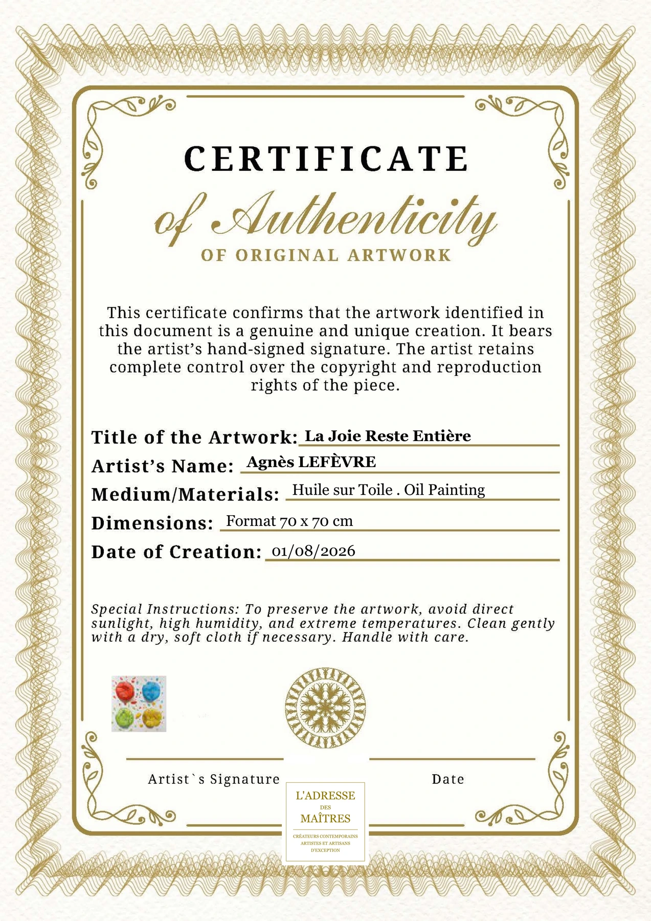 Certificat d'authenticité — La Joie Reste Entière — Agnès LEFÈVRE