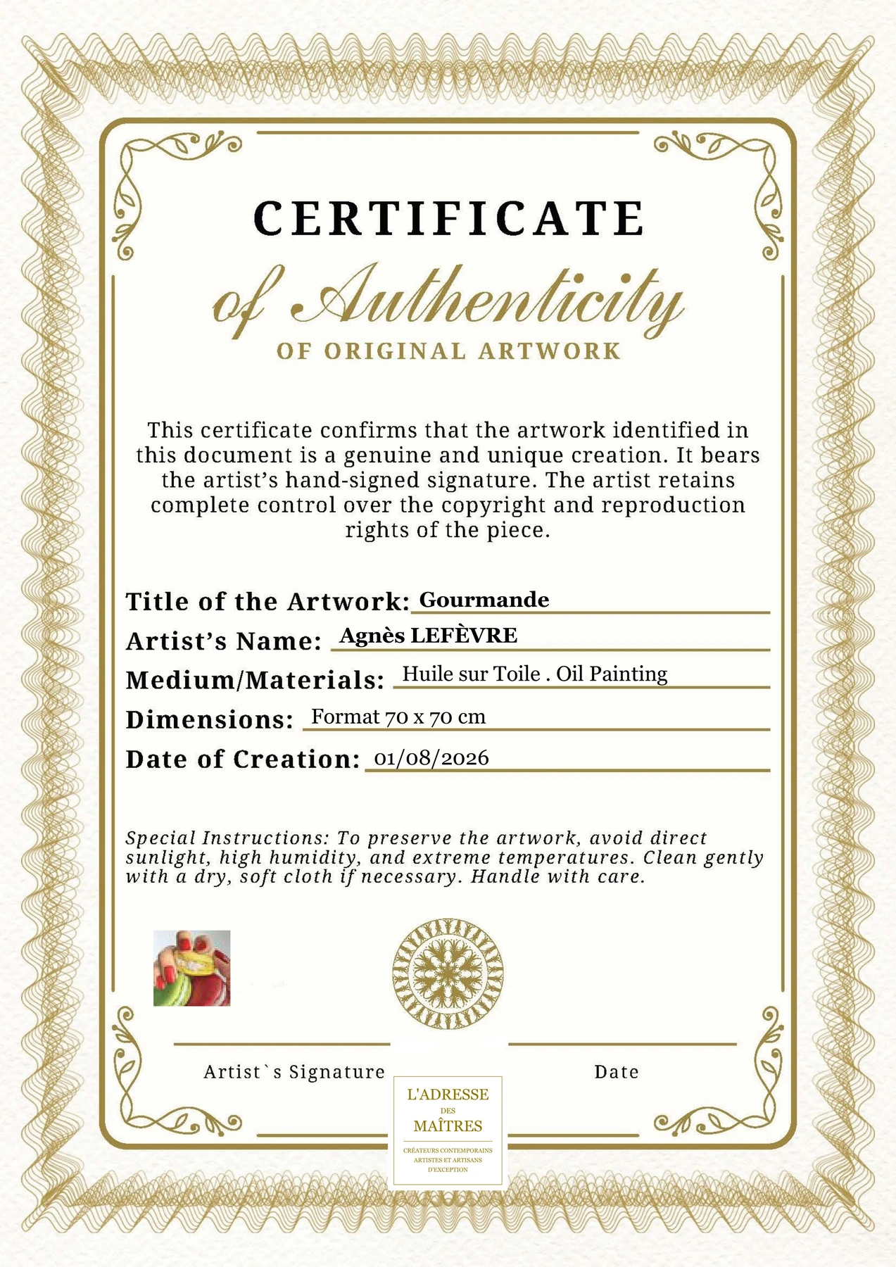 Certificat d'authenticité - Gourmande - Agnès LEFÈVRE