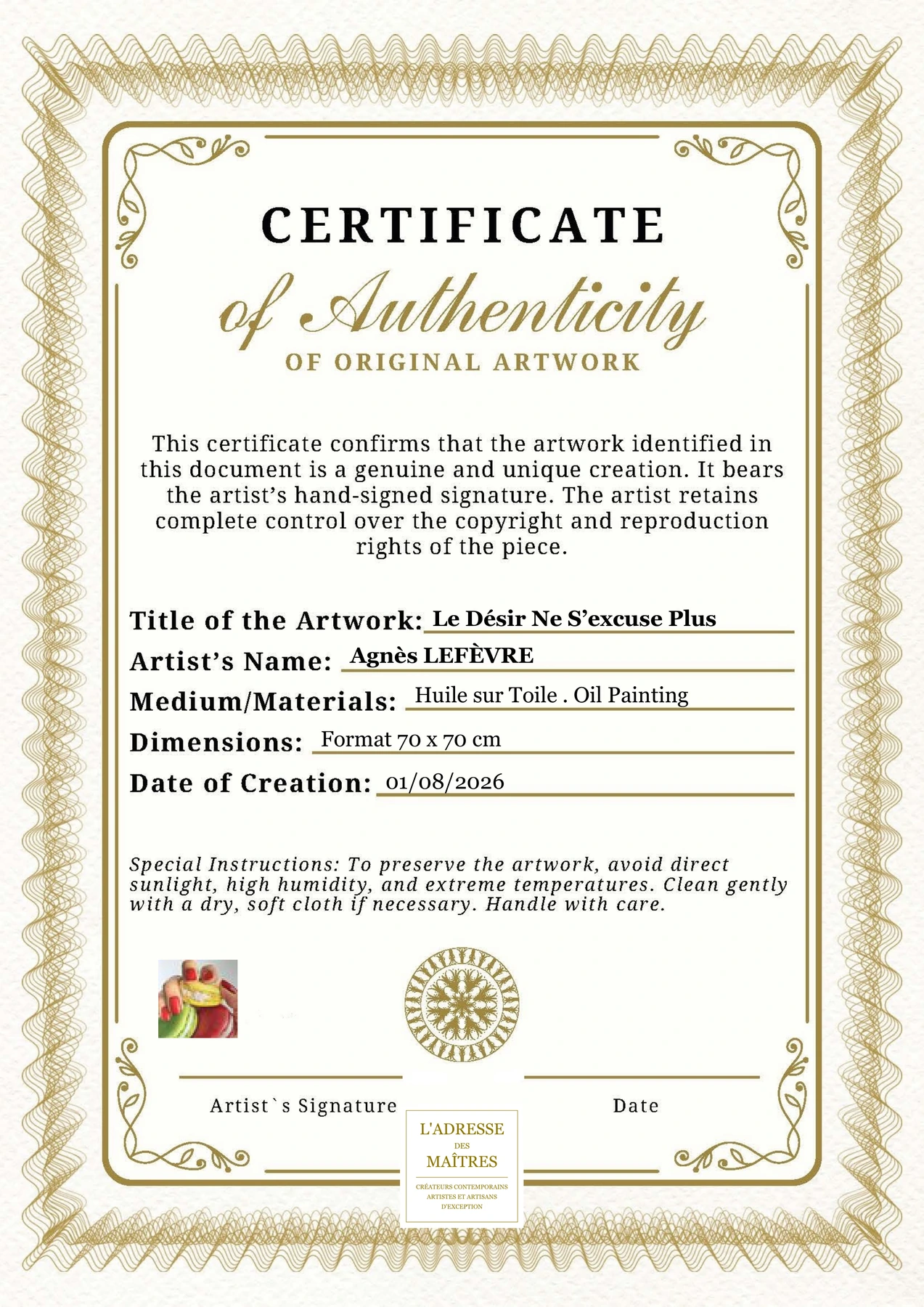 Certificat d'authenticité — Le Désir Ne S’excuse Plus — Agnès LEFÈVRE