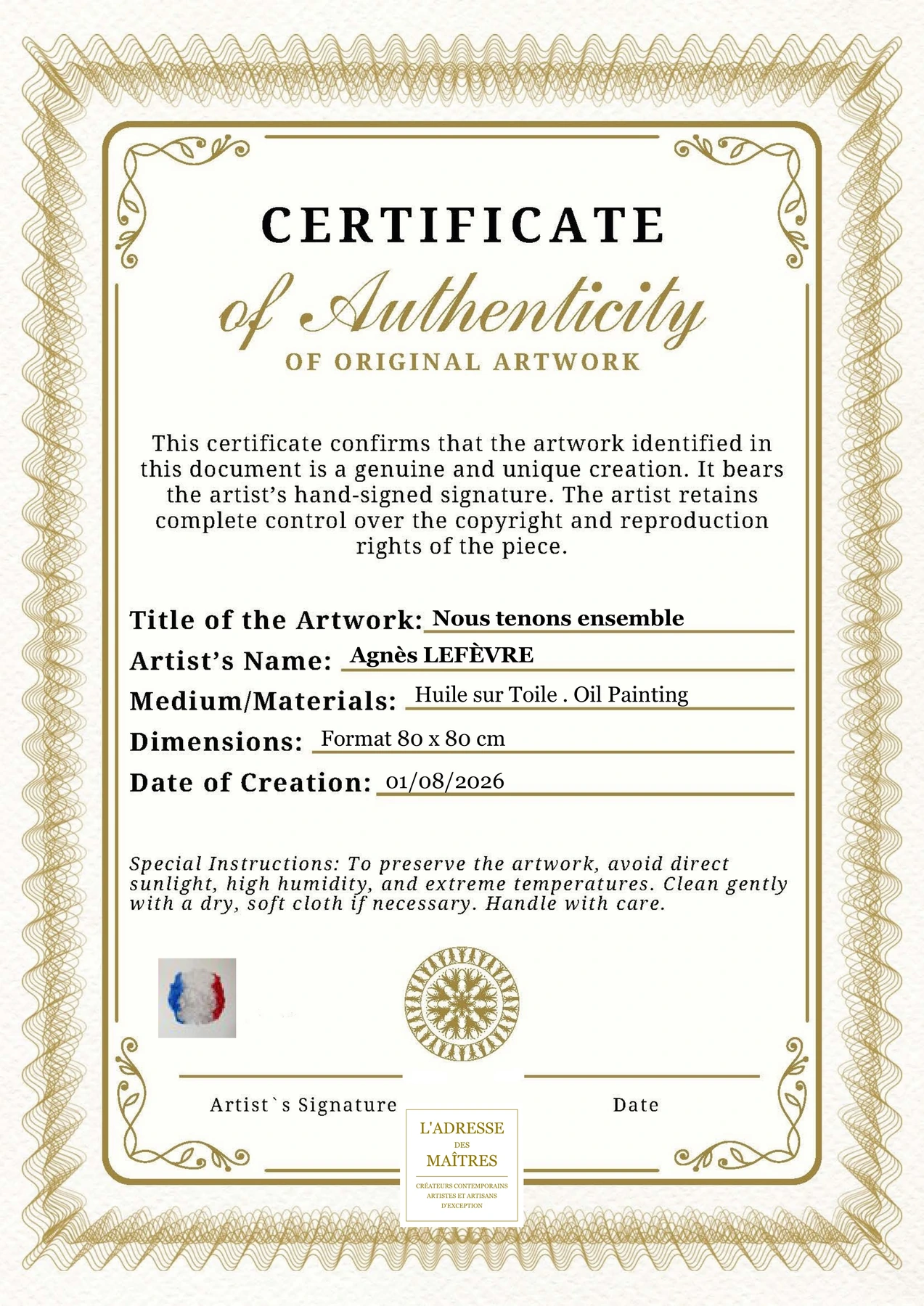 Certificat d'authenticité — Nous tenons ensemble — Agnès LEFÈVRE