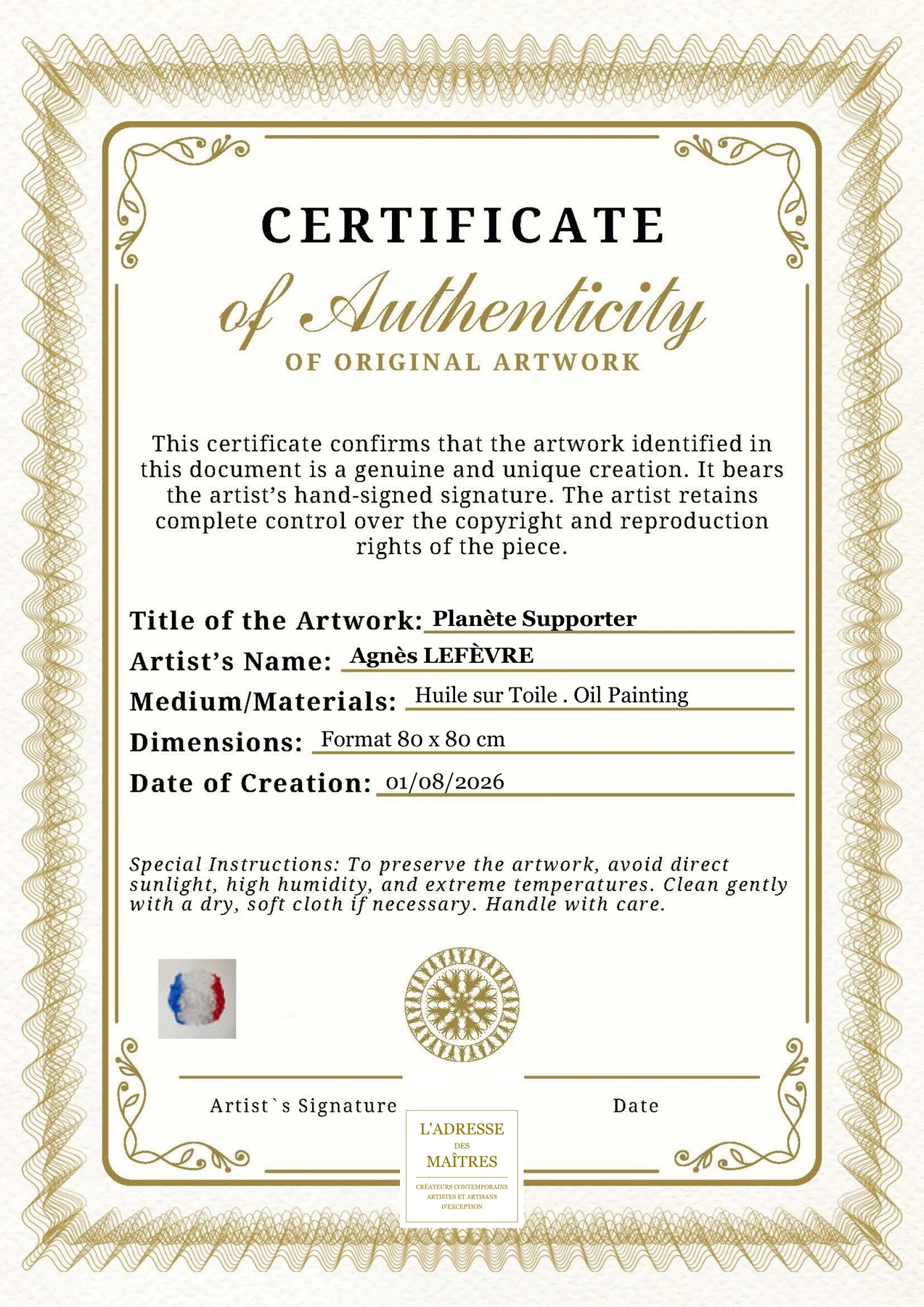 Certificat d'authenticité - Planète Supporter - Agnès LEFÈVRE