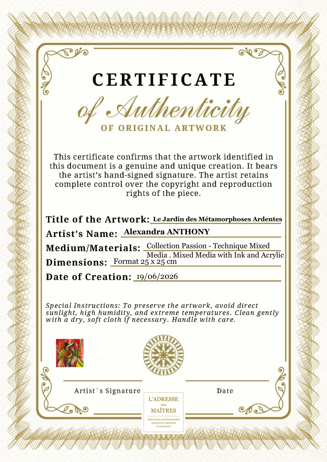 Certificat d'authenticité - Le Jardin des Métamorphoses Ardentes - Alexandra ANTHONY