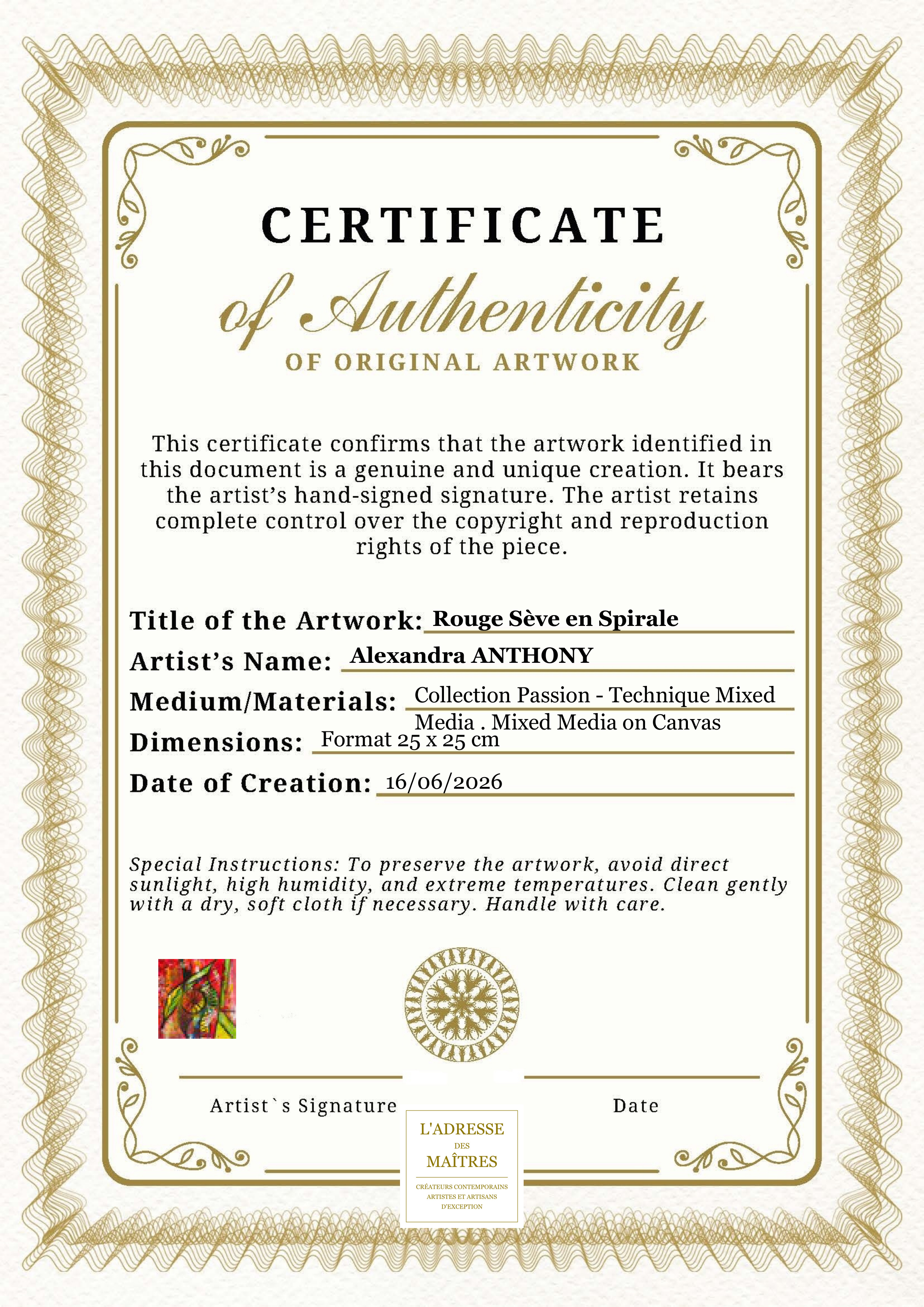 Certificat d'authenticité — Rouge Sève en Spirale — Alexandra ANTHONY