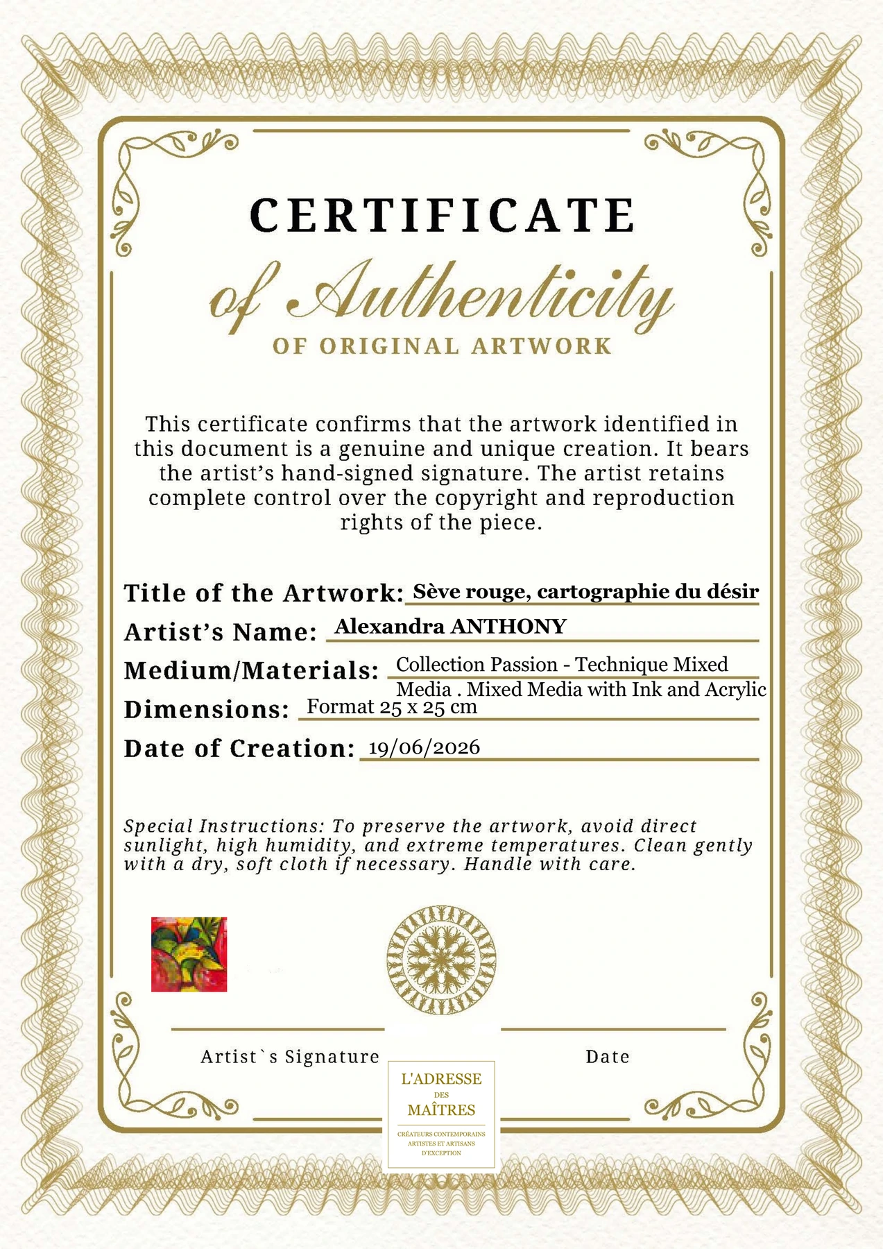 Certificat d'authenticité - Sève rouge, cartographie du désir - Alexandra ANTHONY