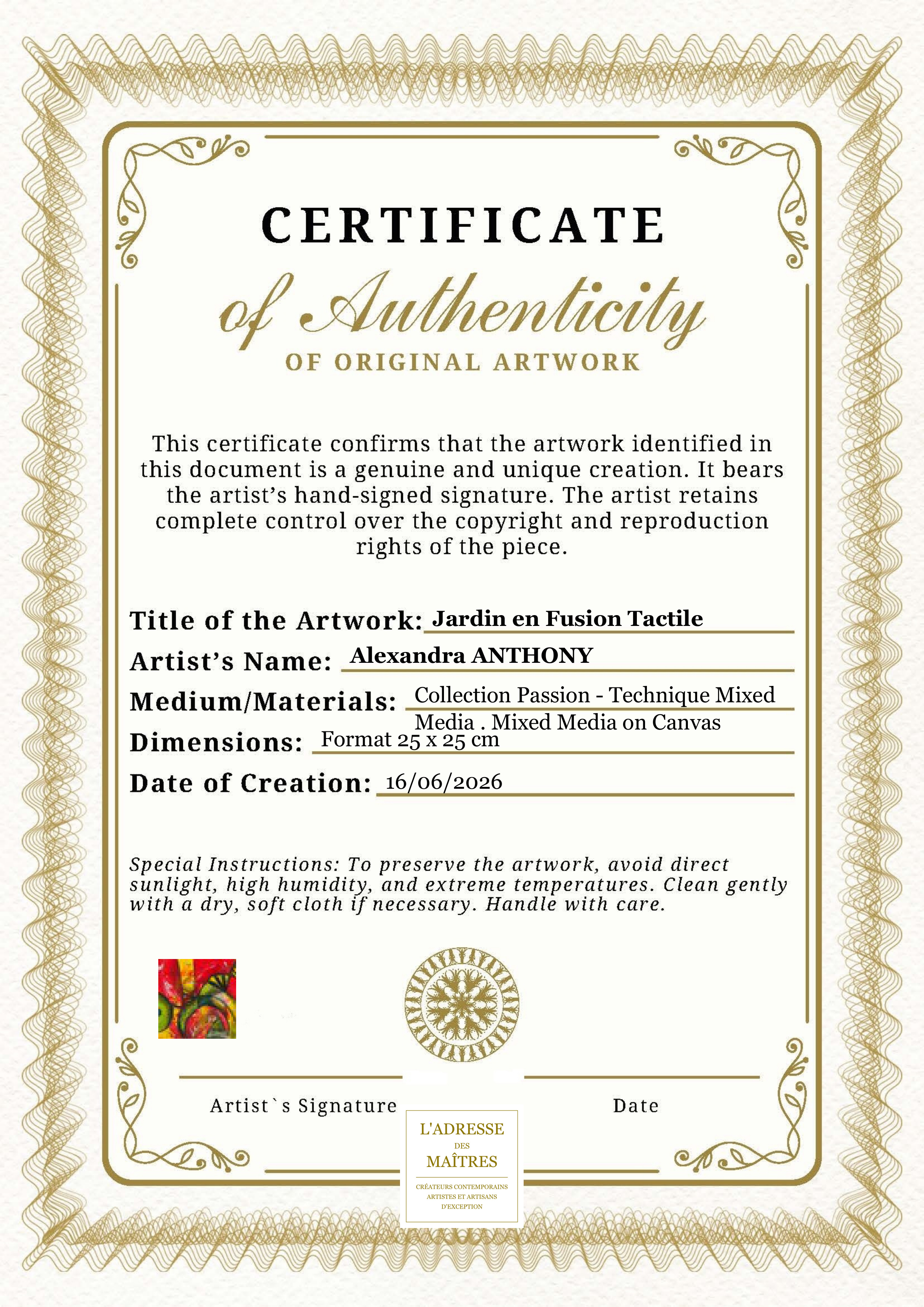 Certificat d'authenticité — Jardin en Fusion Tactile — Alexandra ANTHONY