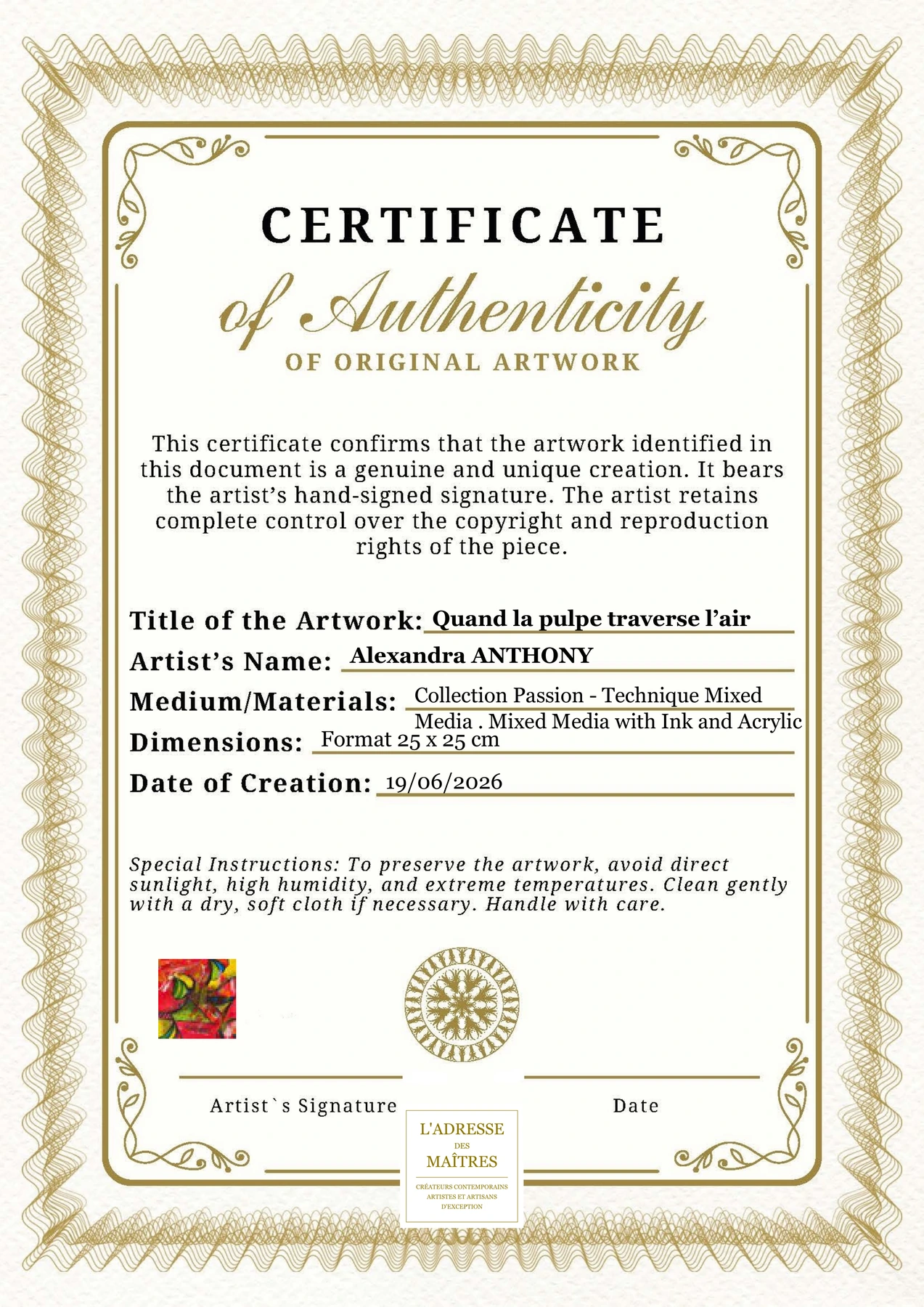 Certificat d'authenticité - Quand la pulpe traverse l’air - Alexandra ANTHONY