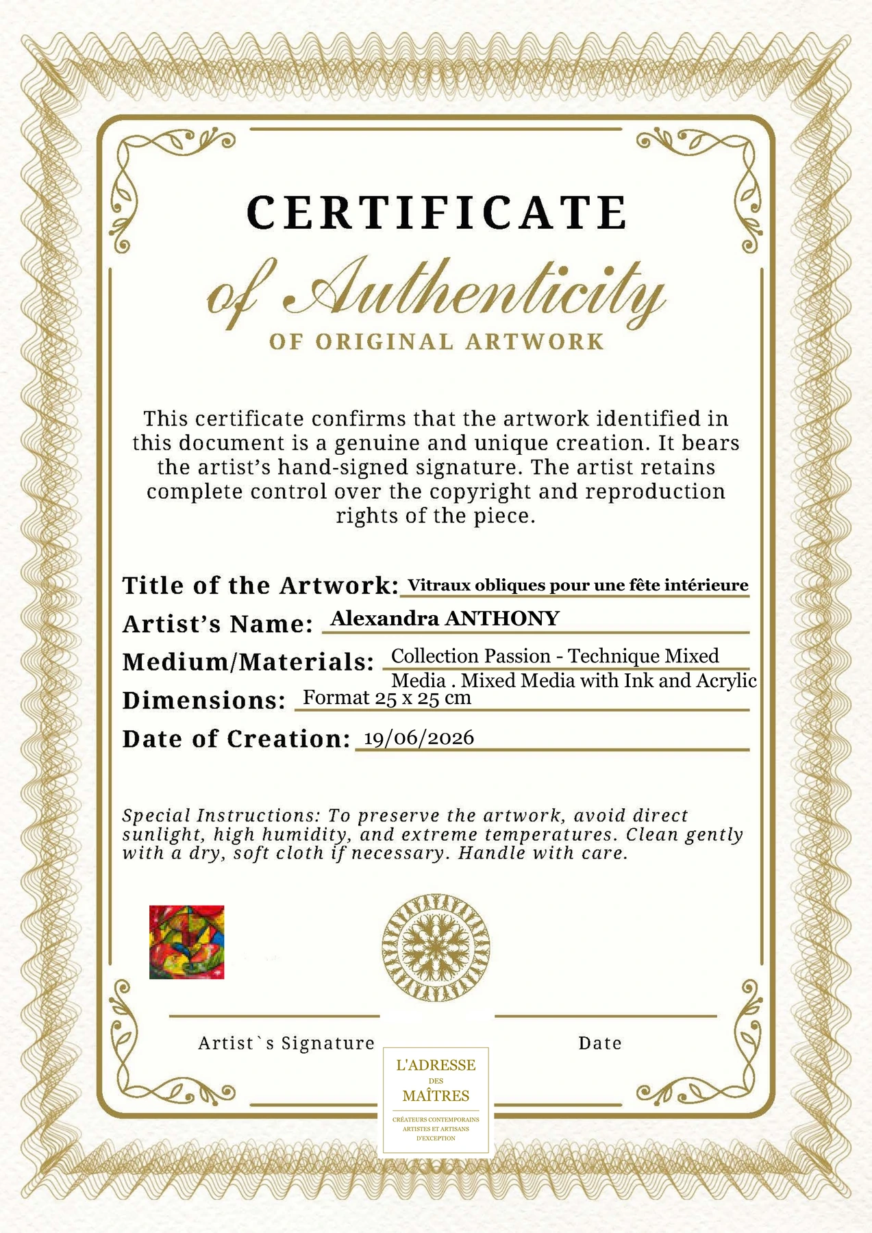 Certificat d'authenticité - Vitraux obliques pour une fête intérieure - Alexandra ANTHONY