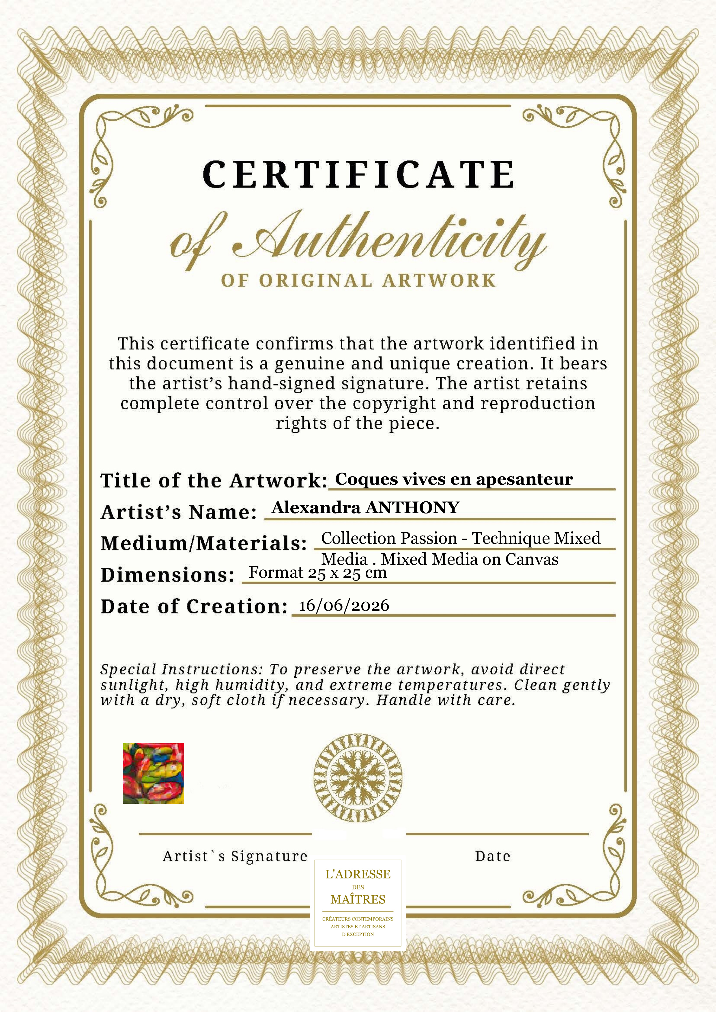 Certificat d'authenticité — Coques vives en apesanteur — Alexandra ANTHONY