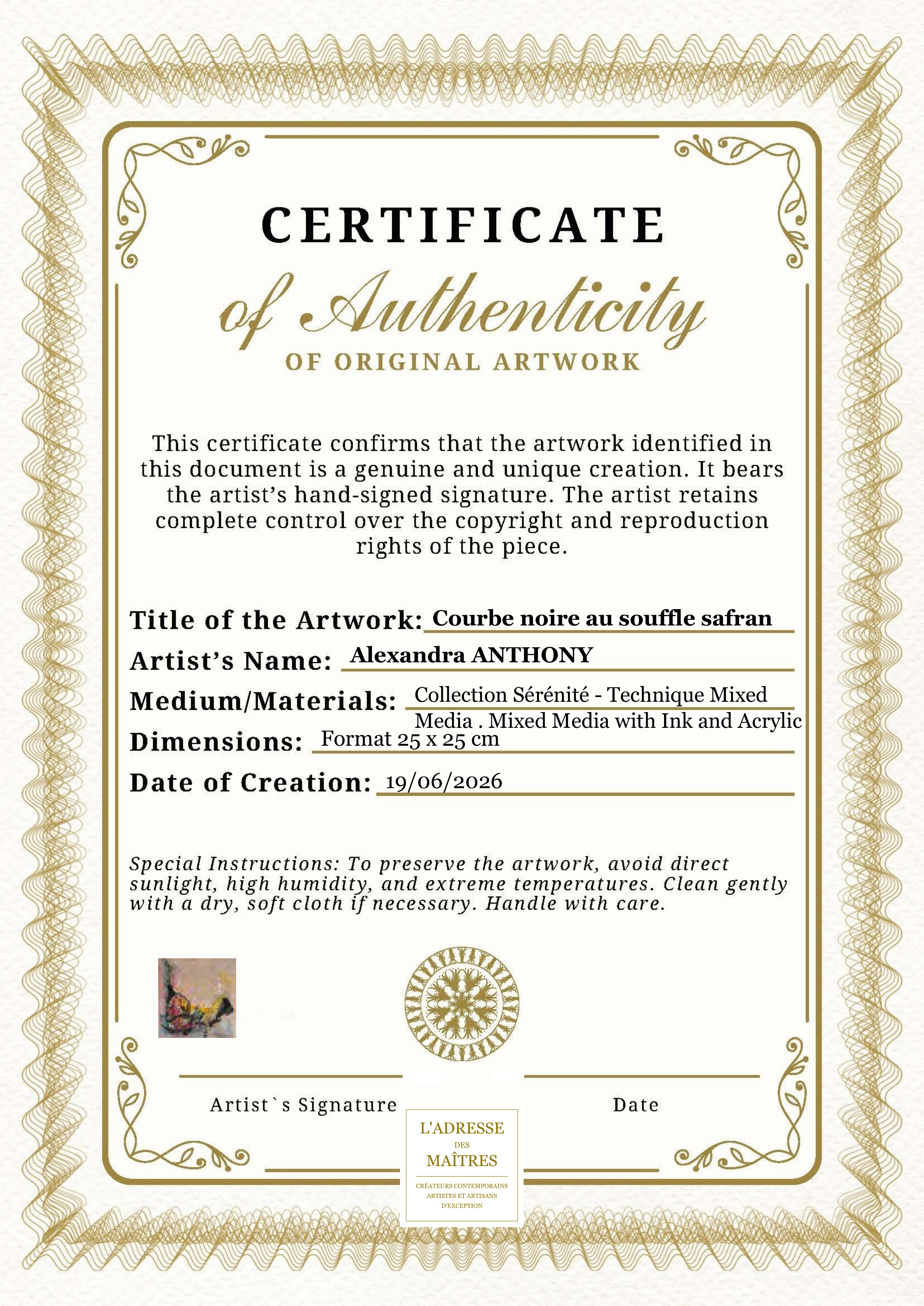 Certificat d'authenticité — Courbe noire au souffle safran — Alexandra ANTHONY