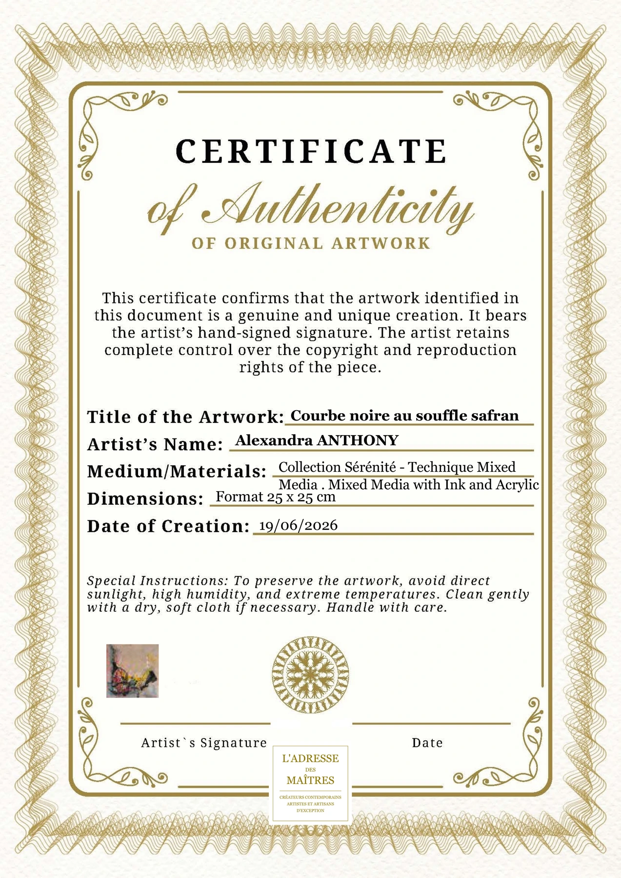 Certificat d'authenticité - Courbe noire au souffle safran - Alexandra ANTHONY