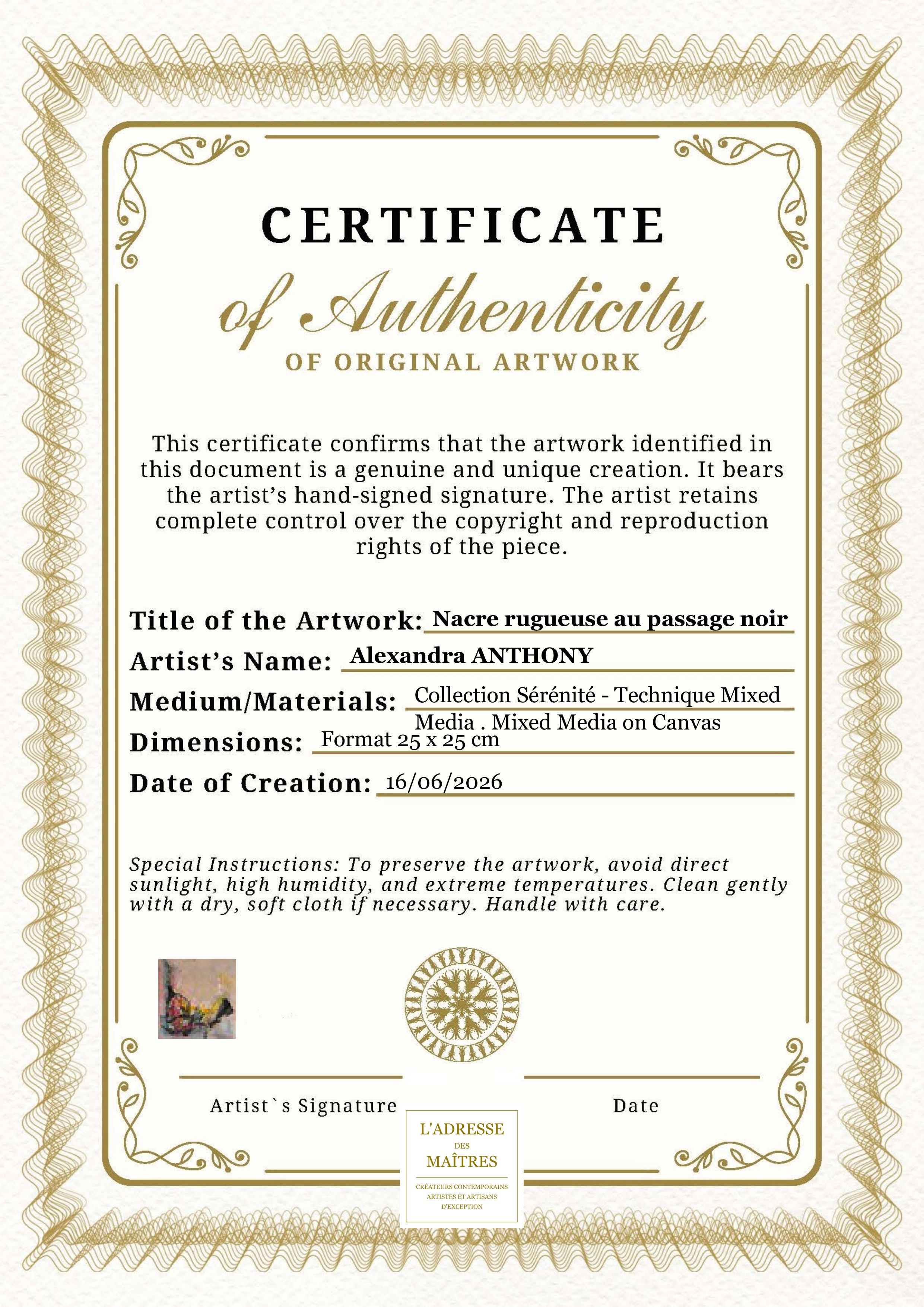 Certificat d'authenticité — Nacre rugueuse au passage noir — Alexandra ANTHONY