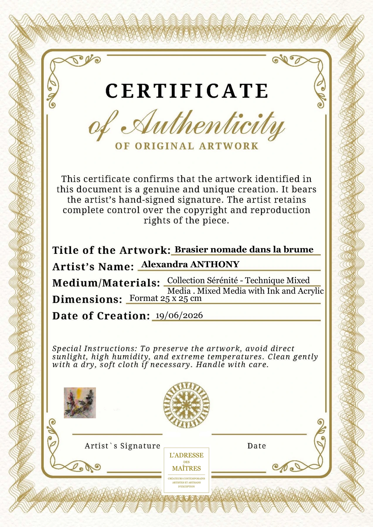 Certificat d'authenticité - Brasier nomade dans la brume - Alexandra ANTHONY