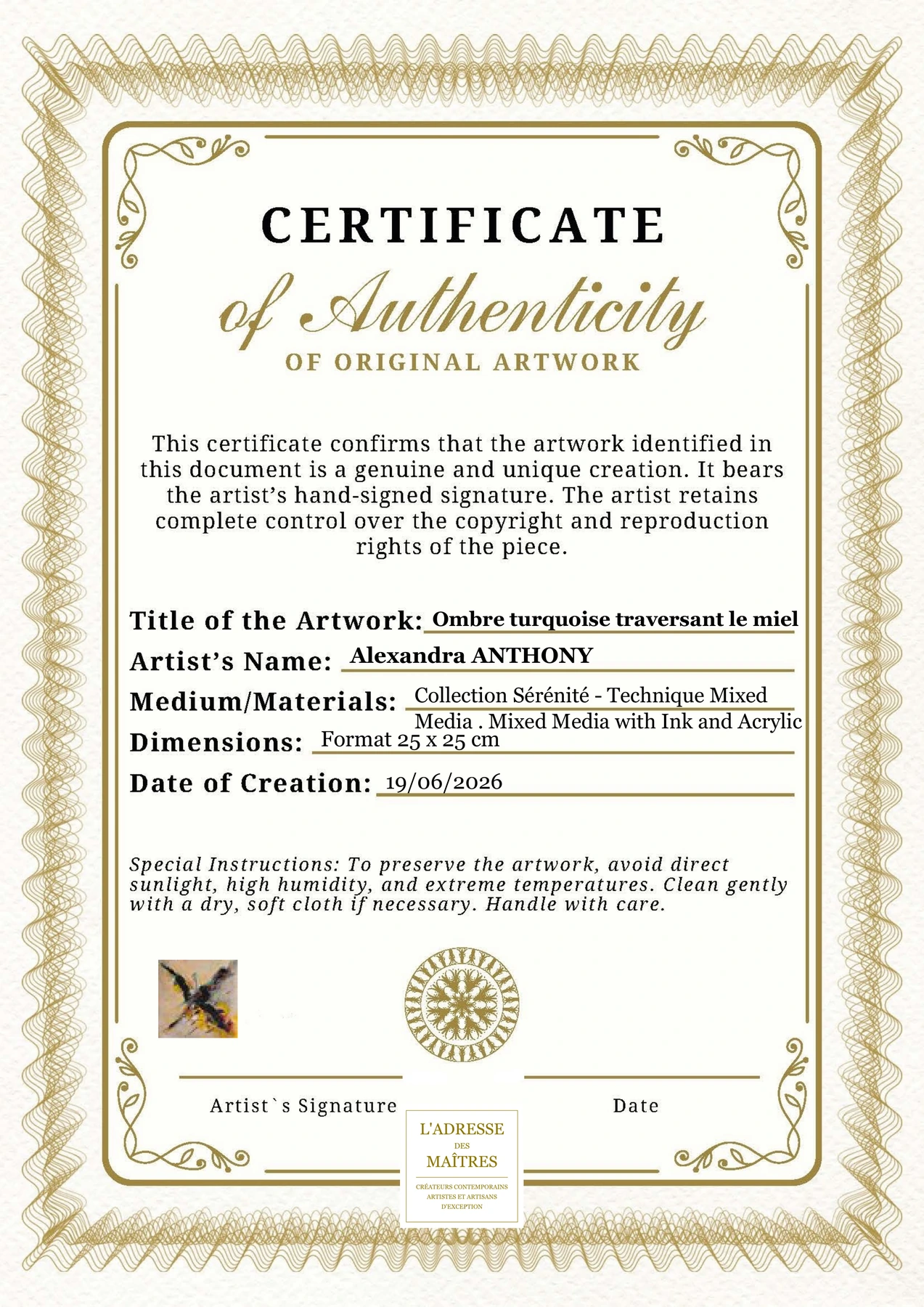 Certificat d'authenticité - Ombre turquoise traversant le miel - Alexandra ANTHONY