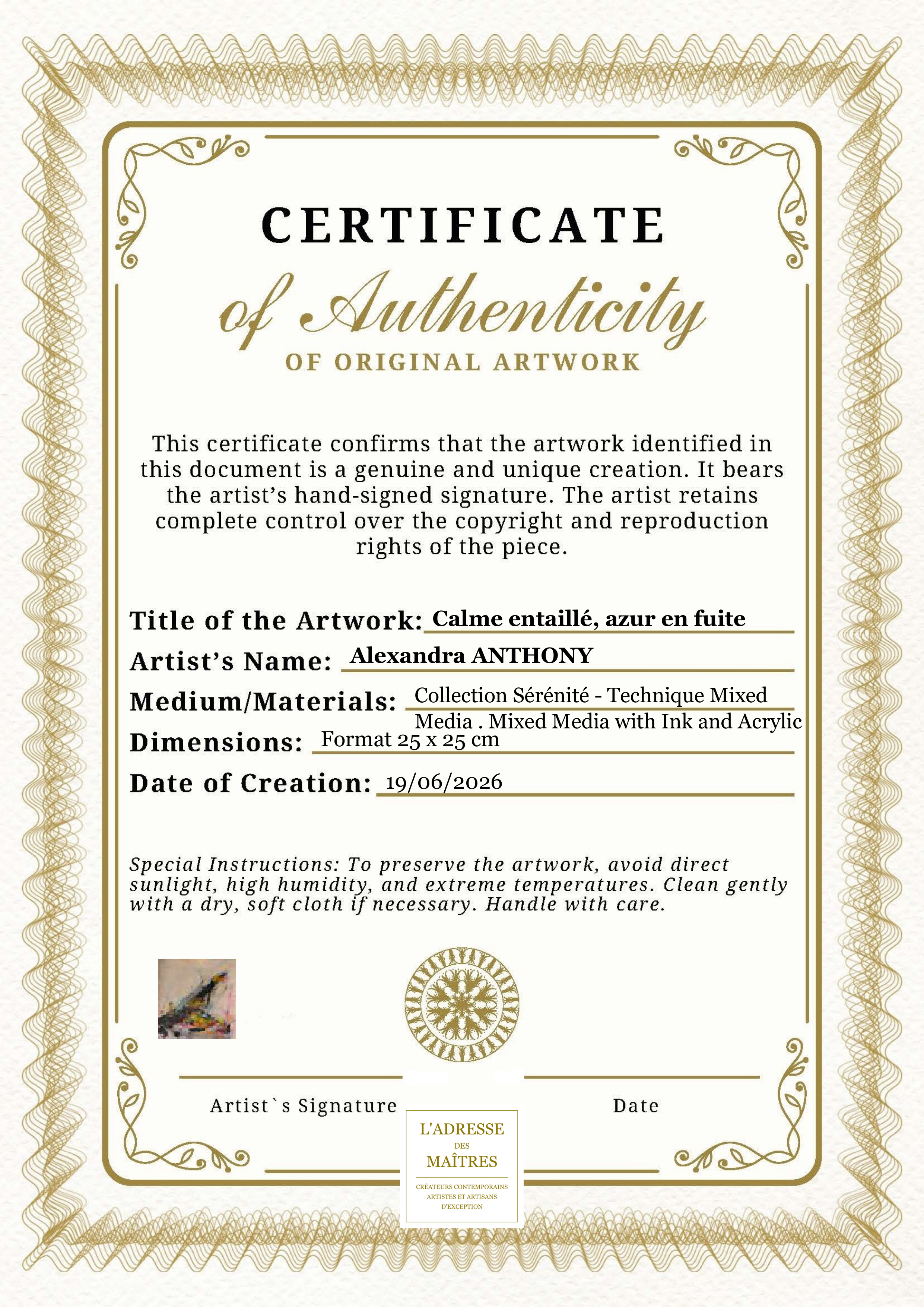 Certificat d'authenticité — Calme entaillé, azur en fuite — Alexandra ANTHONY