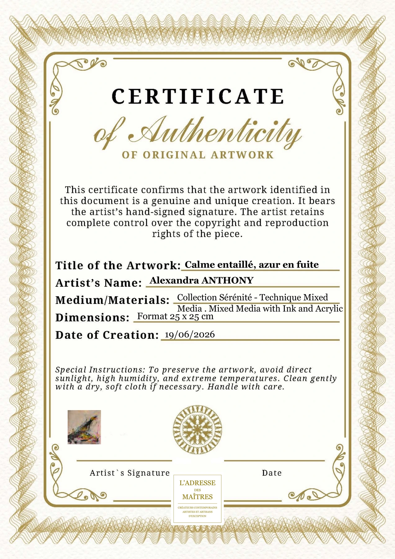 Certificat d'authenticité - Calme entaillé, azur en fuite - Alexandra ANTHONY