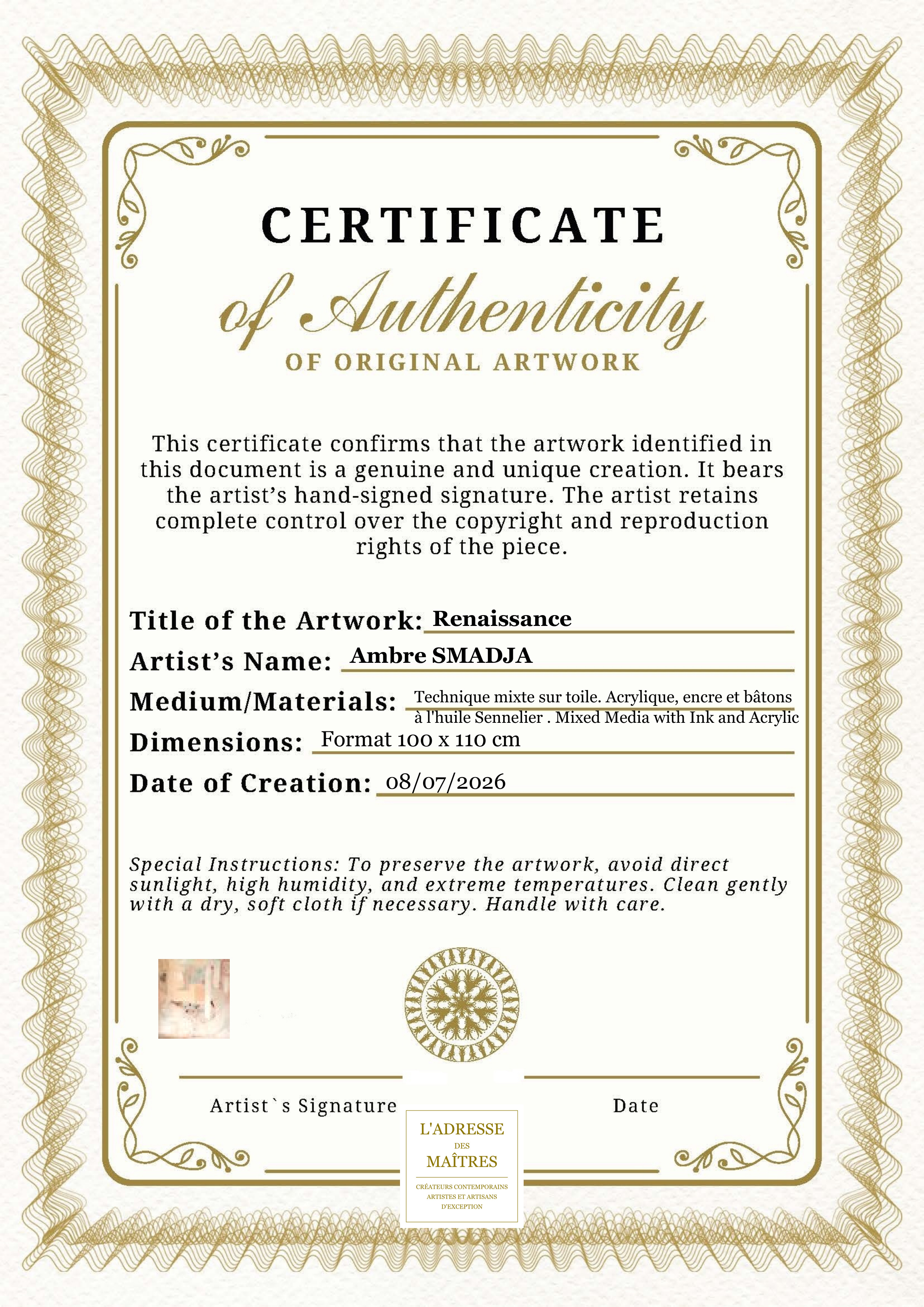 Certificat d'authenticité — Renaissance — Ambre SMADJA