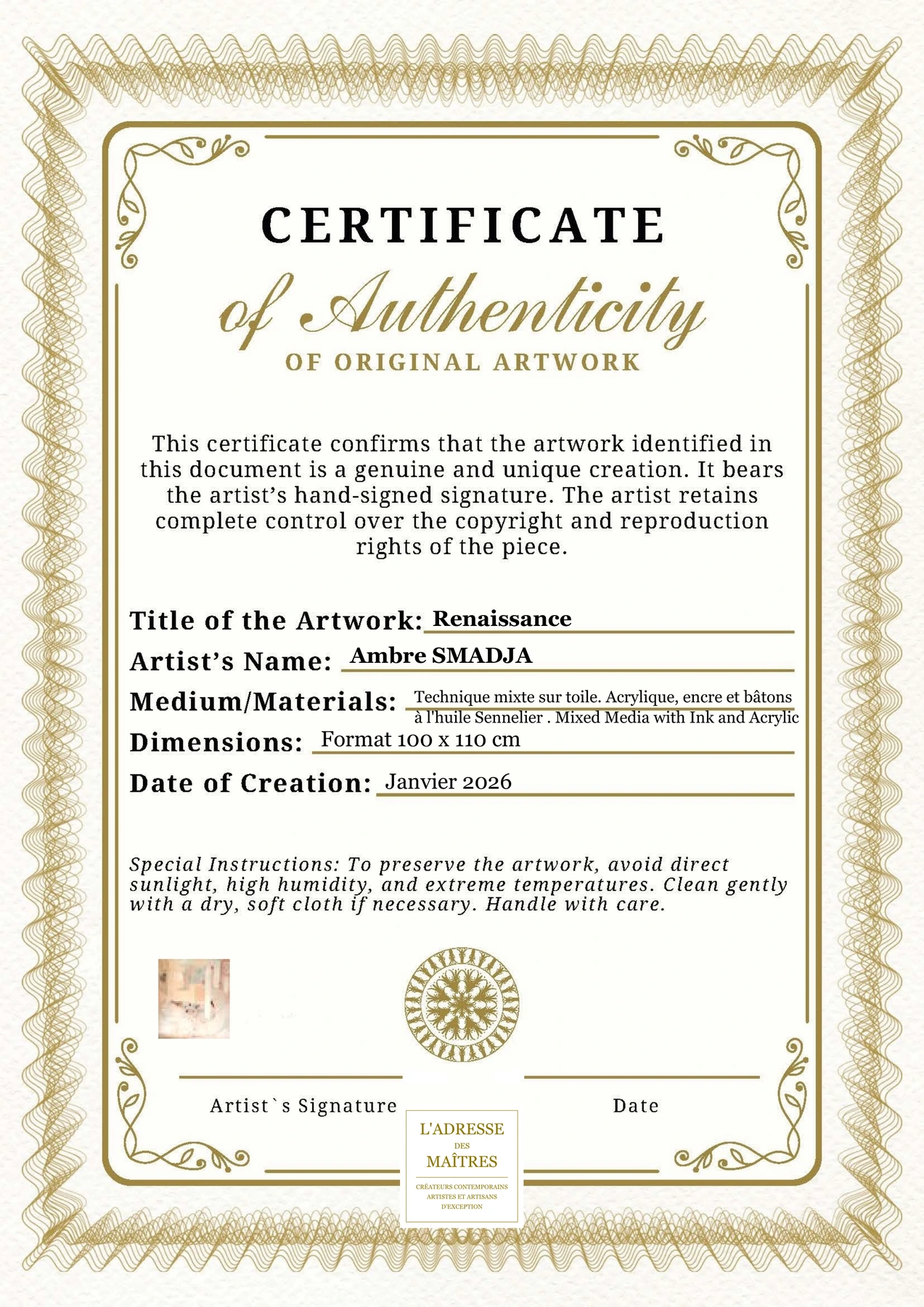 Certificat d'authenticité - Renaissance - Ambre SMADJA
