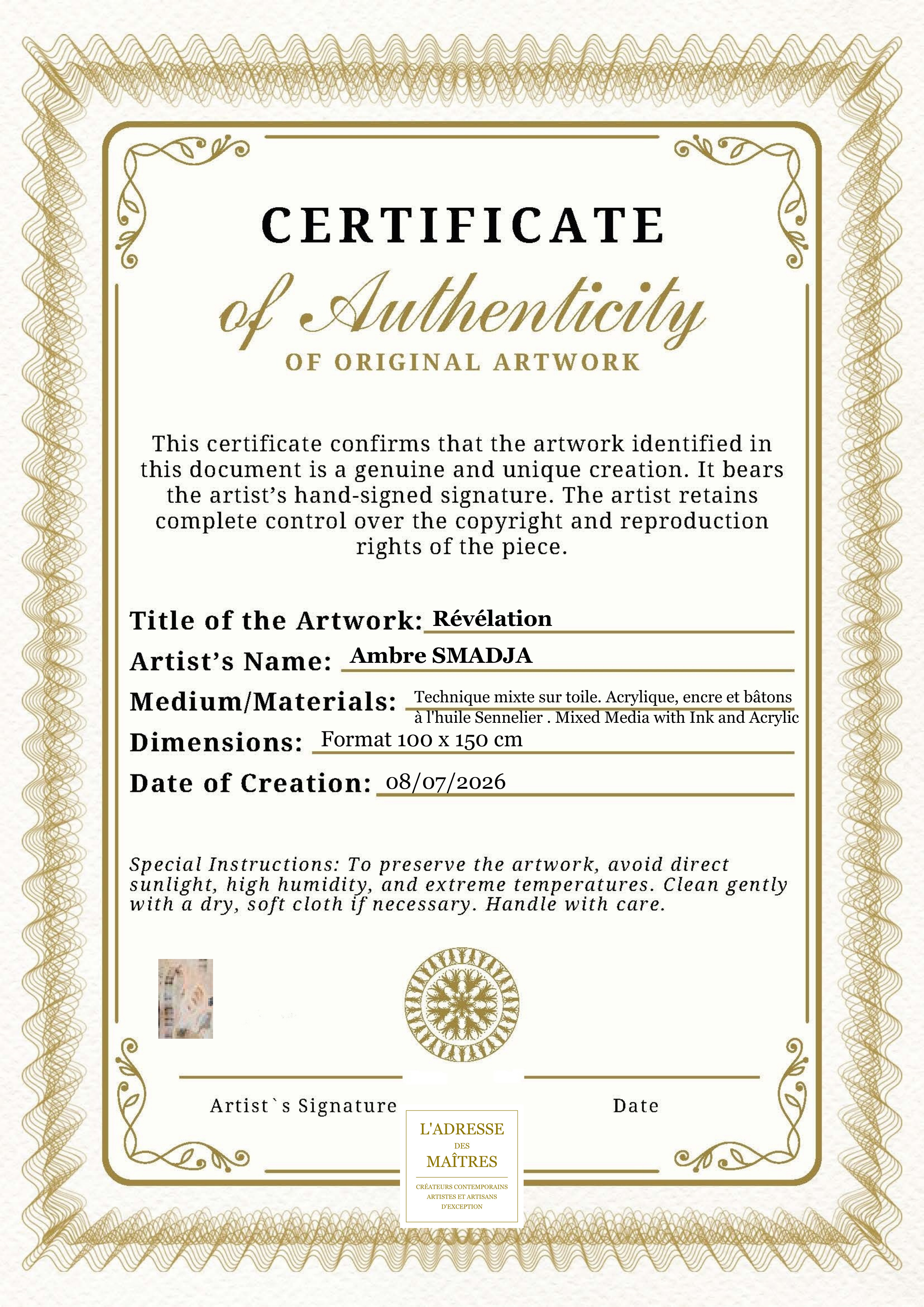 Certificat d'authenticité — Révélation — Ambre SMADJA